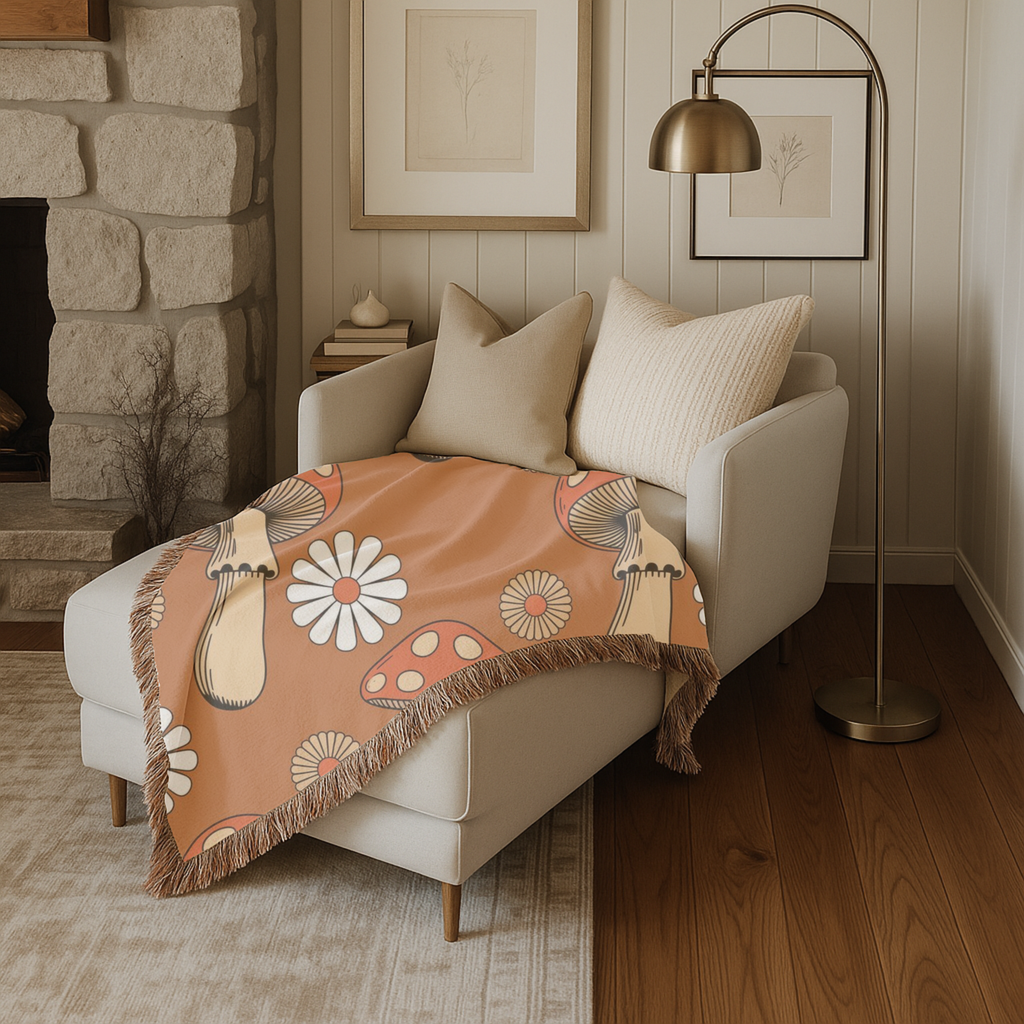 Groovy Mushroom Throw — 1970s Toadstool Daisy Woven Blanket