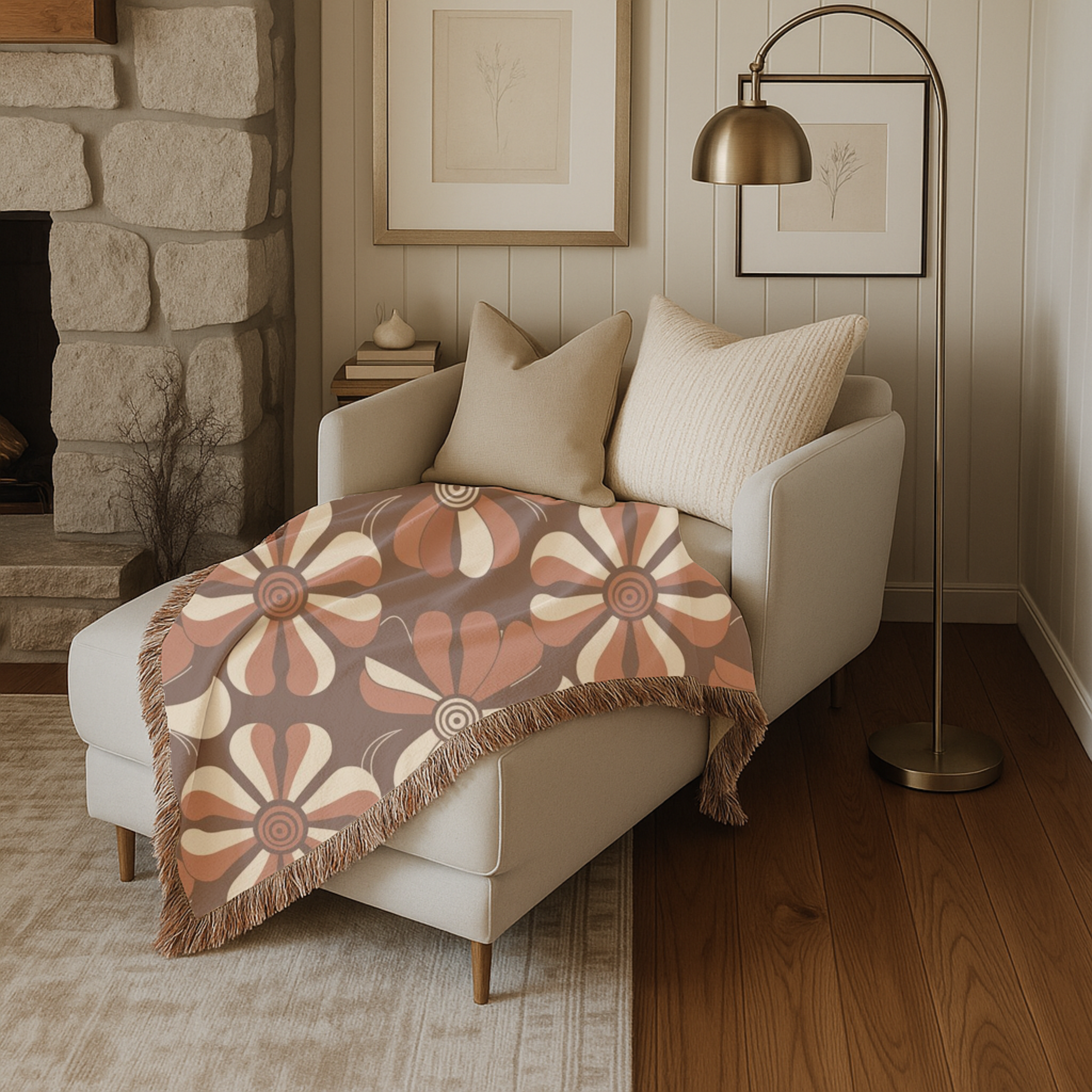 Velvet Bloom Throw — 1970s Stripe Petal Woven Blanket