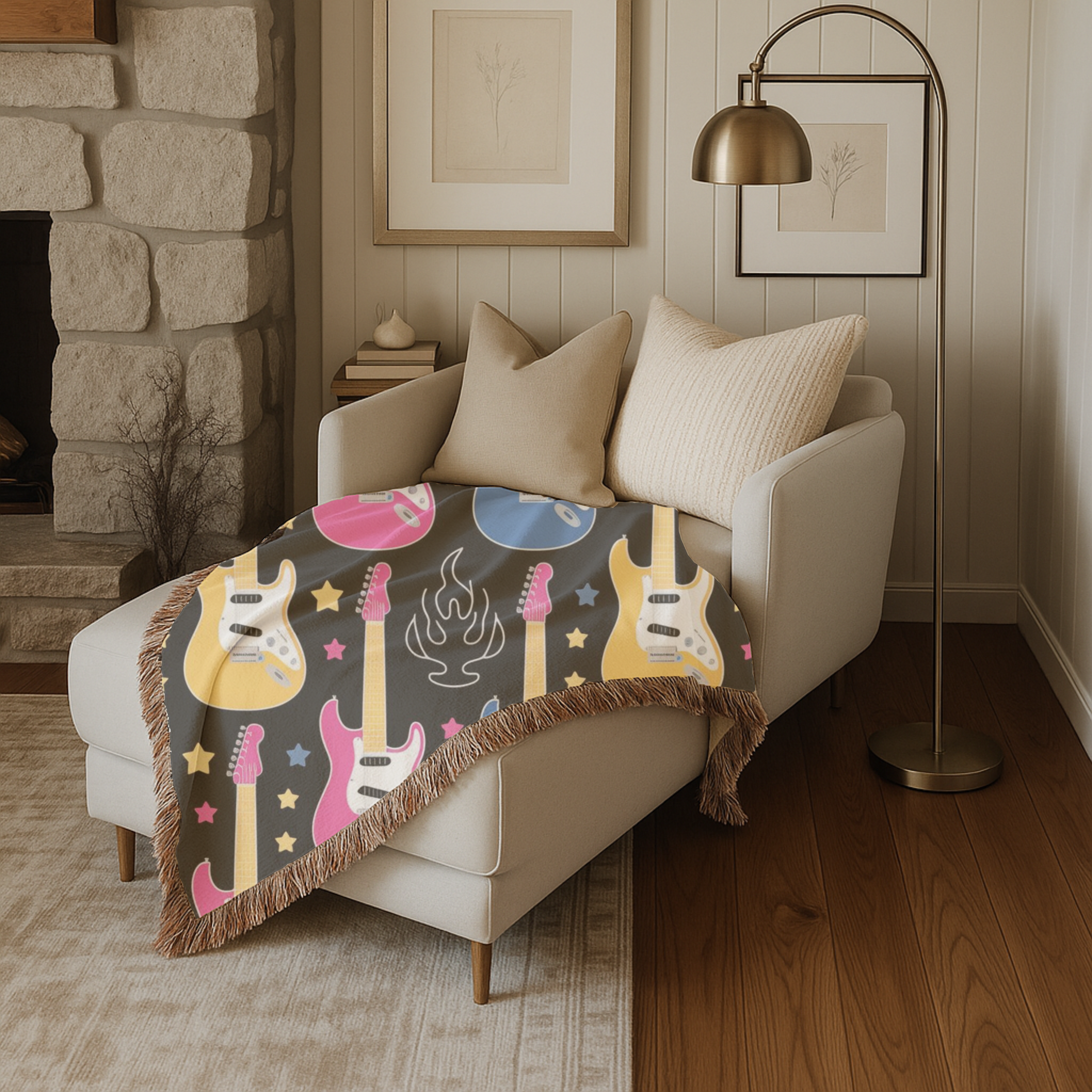 Rock Flame Throw — 1980s Guitar Fire Woven Blanket