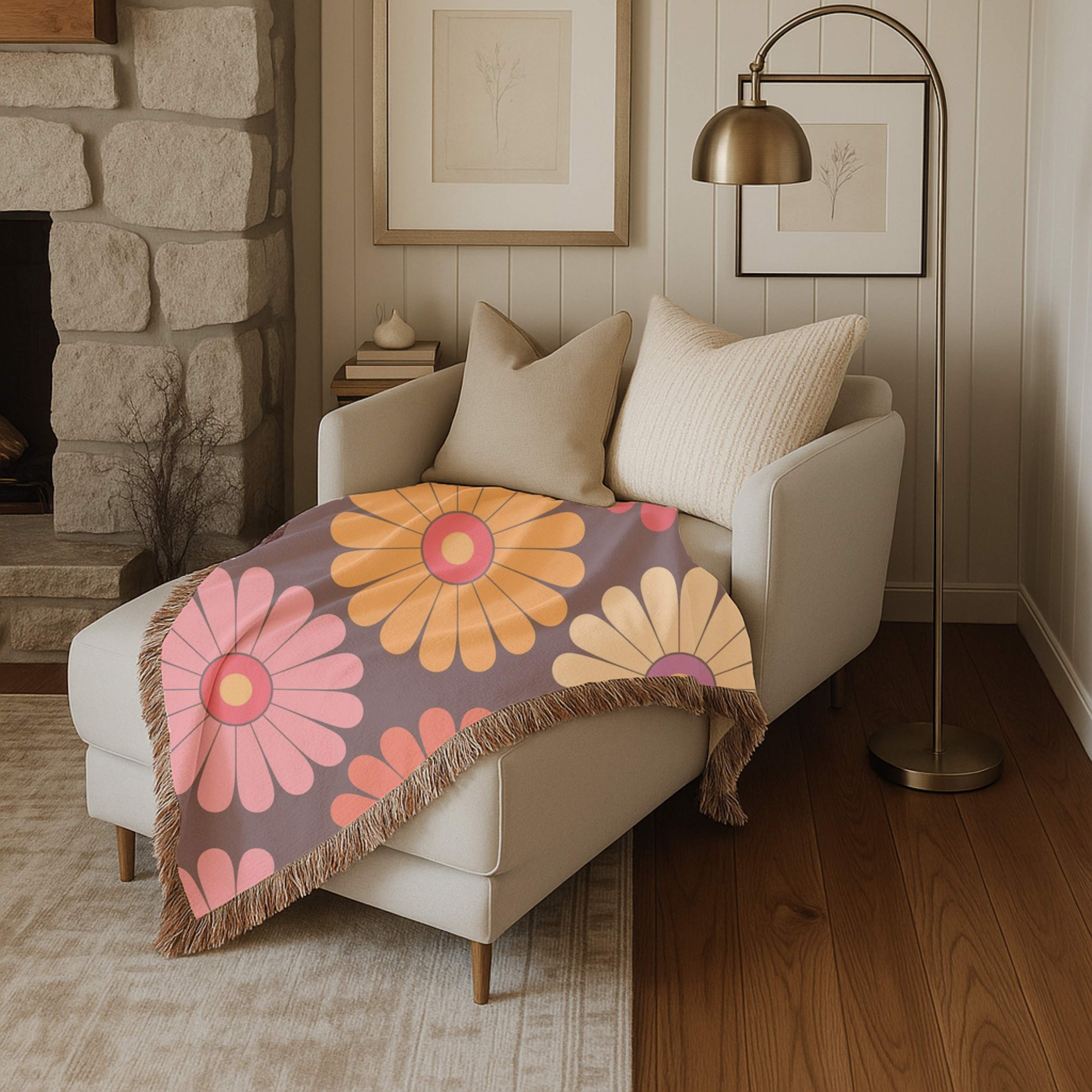 🌼 Velvet Daisy Throw — 1960s Flower Power Woven Blanket
