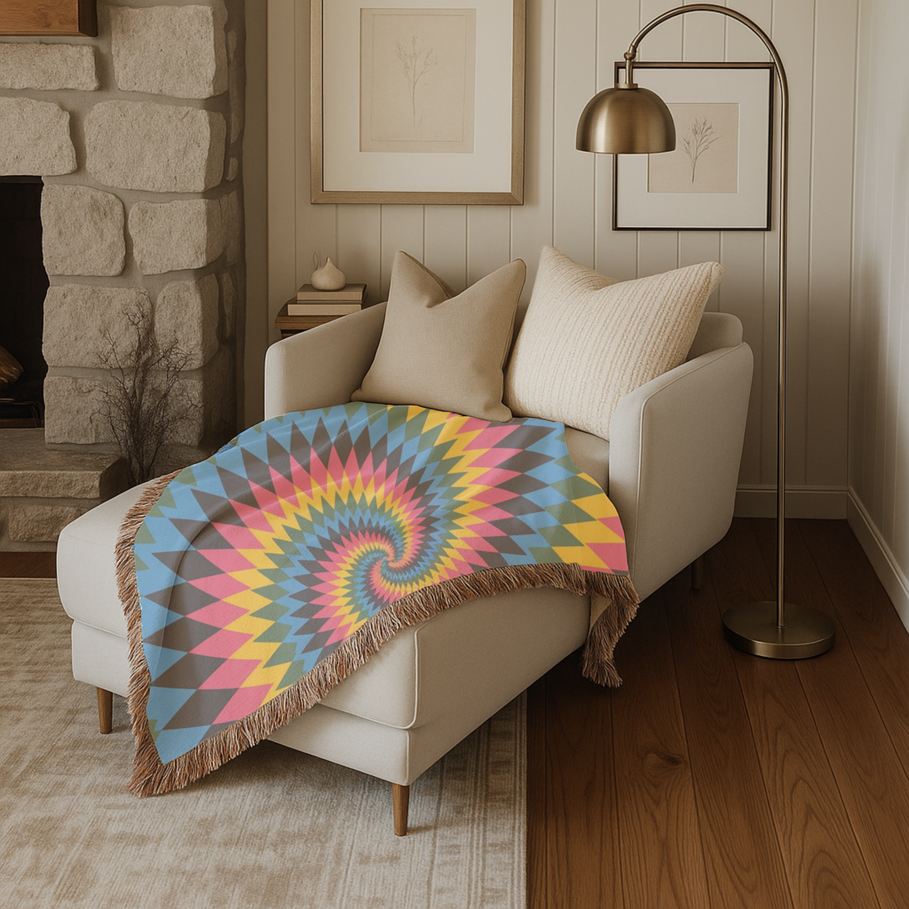 Spectrum Throw — 1990s Rainbow Spiral Woven Blanket