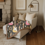 Woven Electric Guitar Throw Blanket | Pink Yellow Blue Black Stars, 1980s Rock Décor