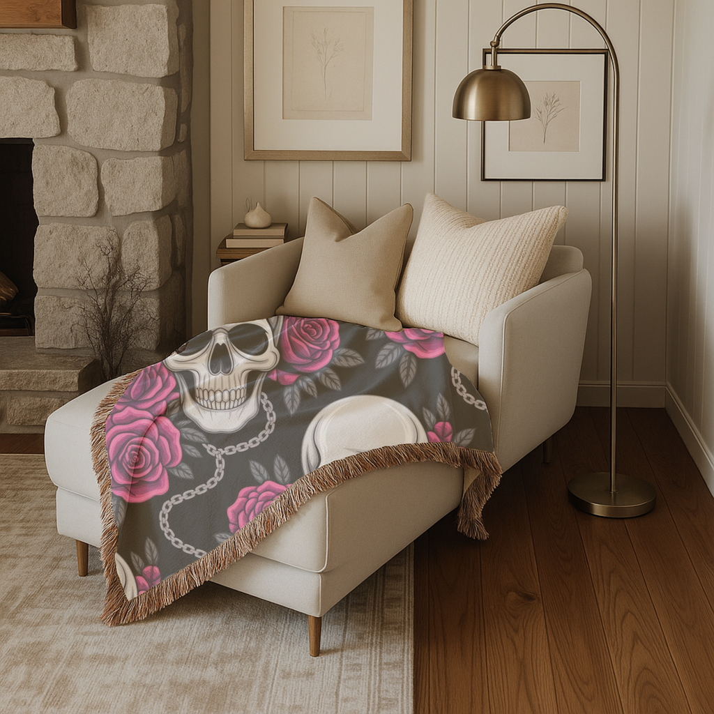 Skull & Roses Throw — 1990s Gothic Skull & Rose Woven Blanket