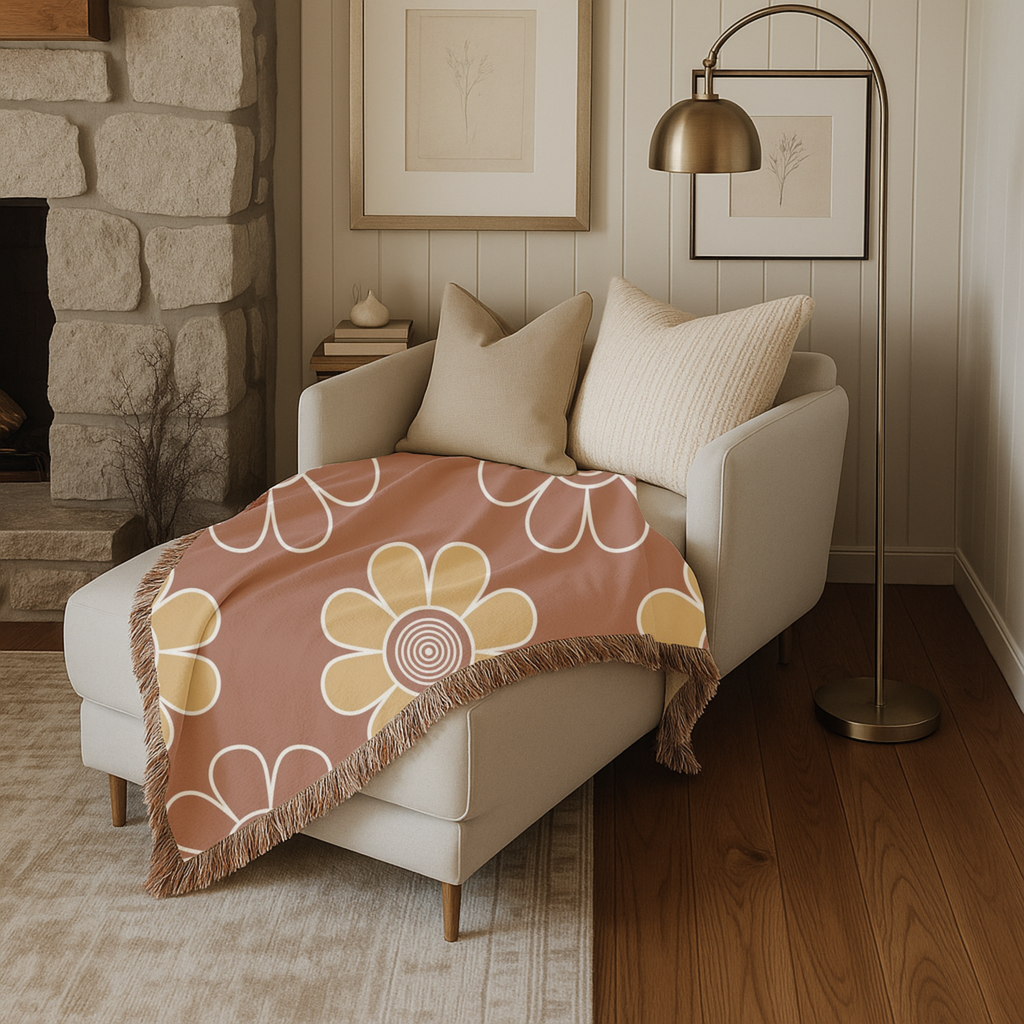 Spiral Daisy Throw — 1970s Retro Outline Woven Blanket