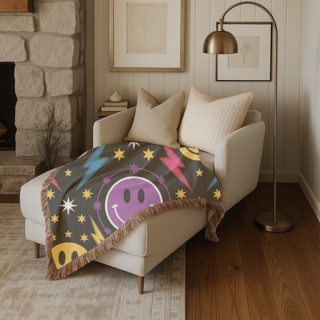 Bolts & Smiles Throw — 1990s Smiley & Lightning Woven Blanket
