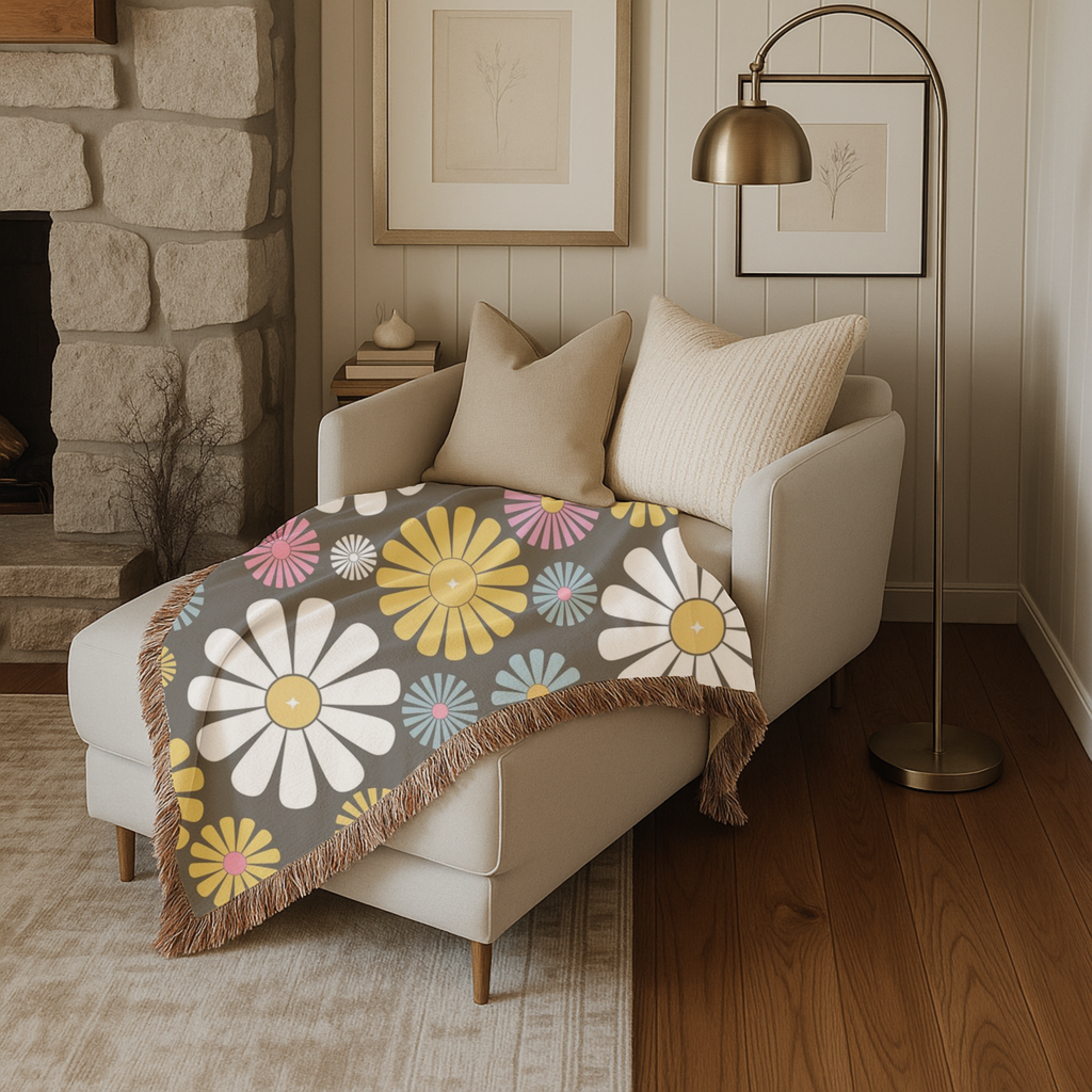 🌸 Flower Power Throw — 1960s Daisy Woven Blanket