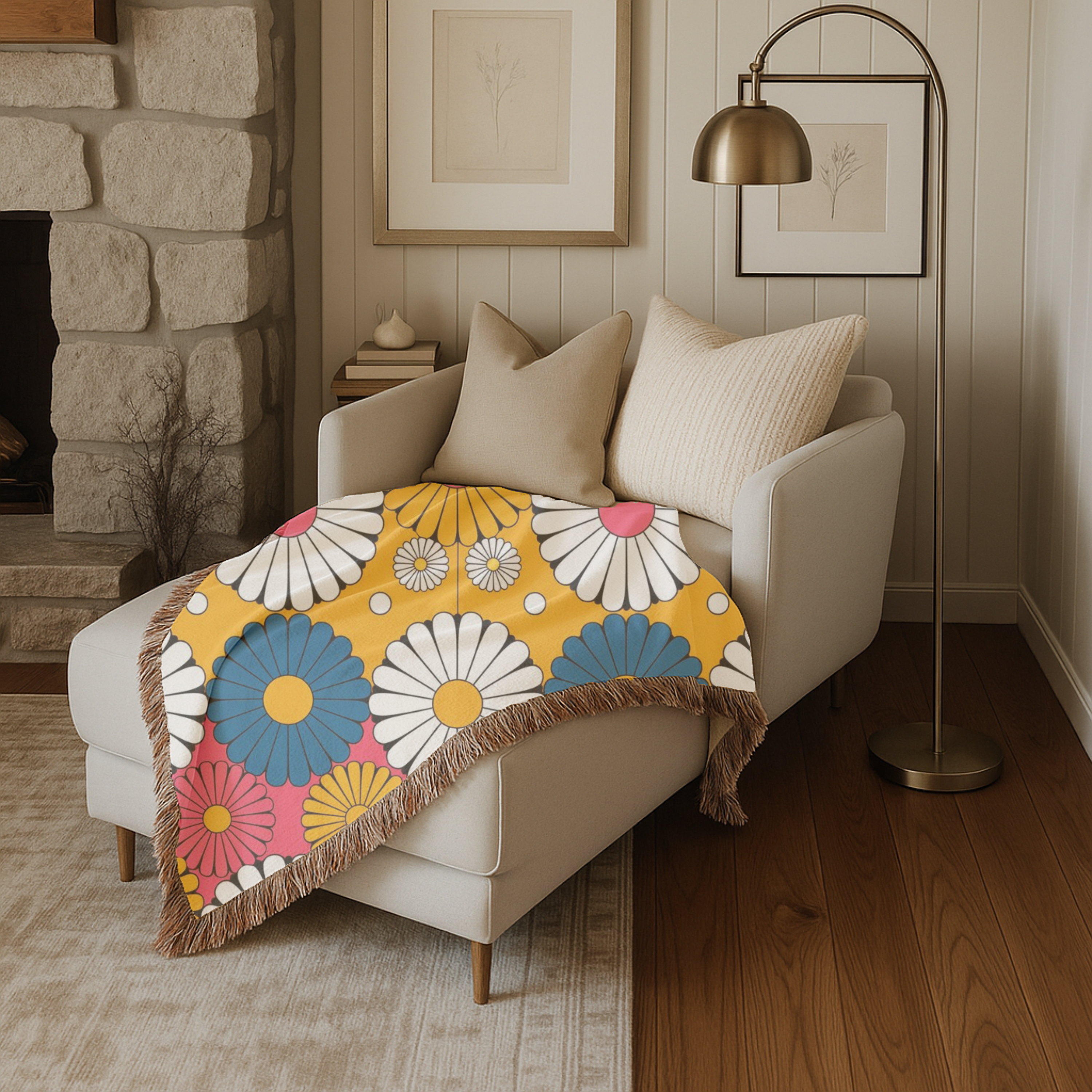 🌼  Mustard Daisy Throw — 1960s Mod Flower Woven Blanket