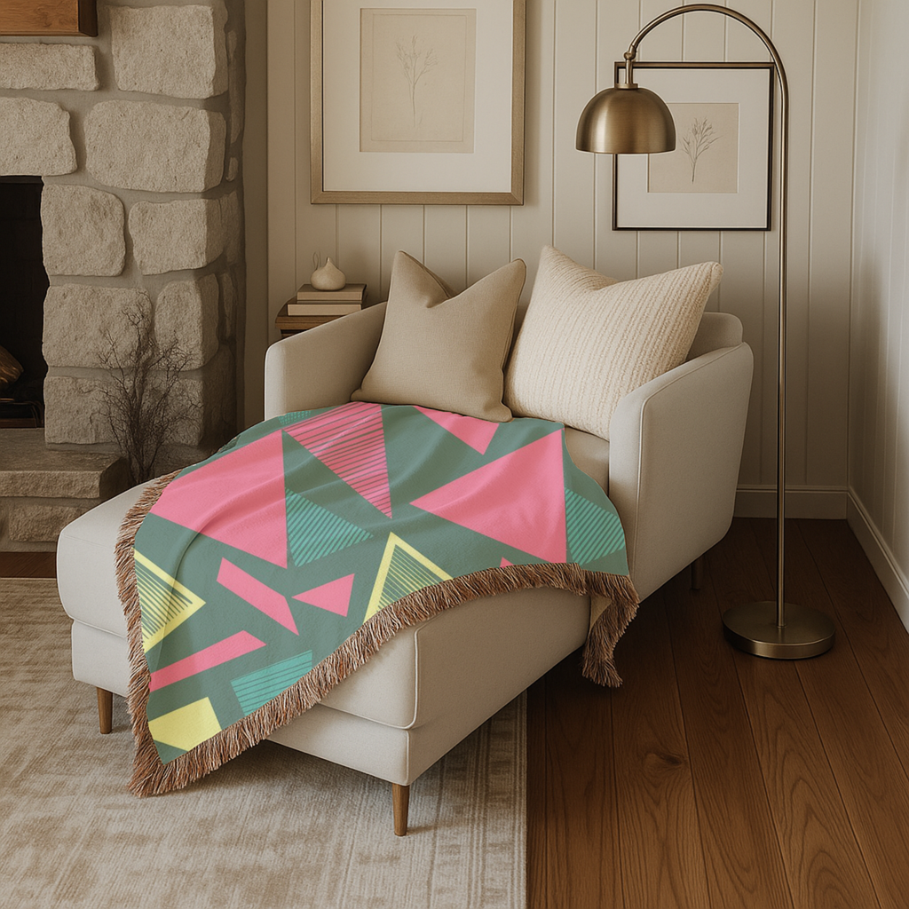 Neon Triangle Throw — 1980s Memphis Geometric Woven Blanket