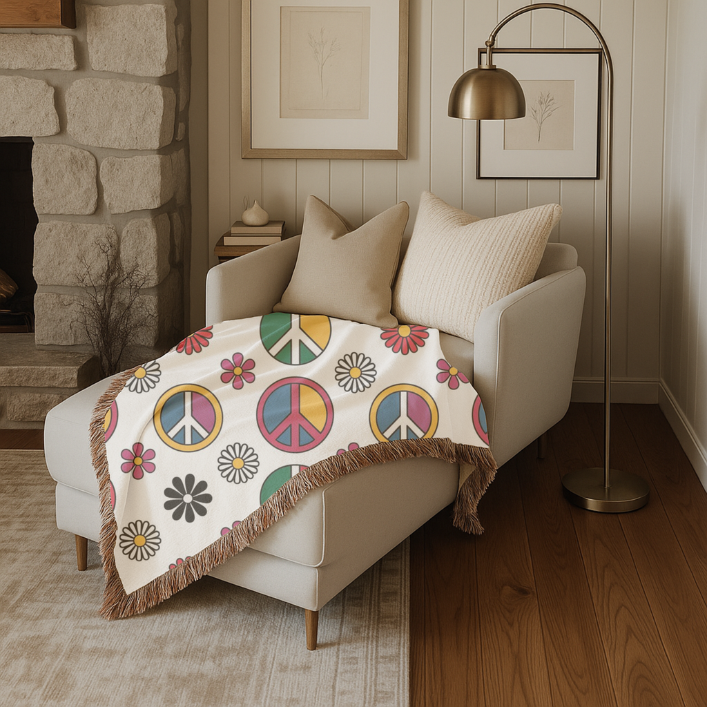 ✌️ Peace & Love Throw — 1960s Flower Power Woven Blanket