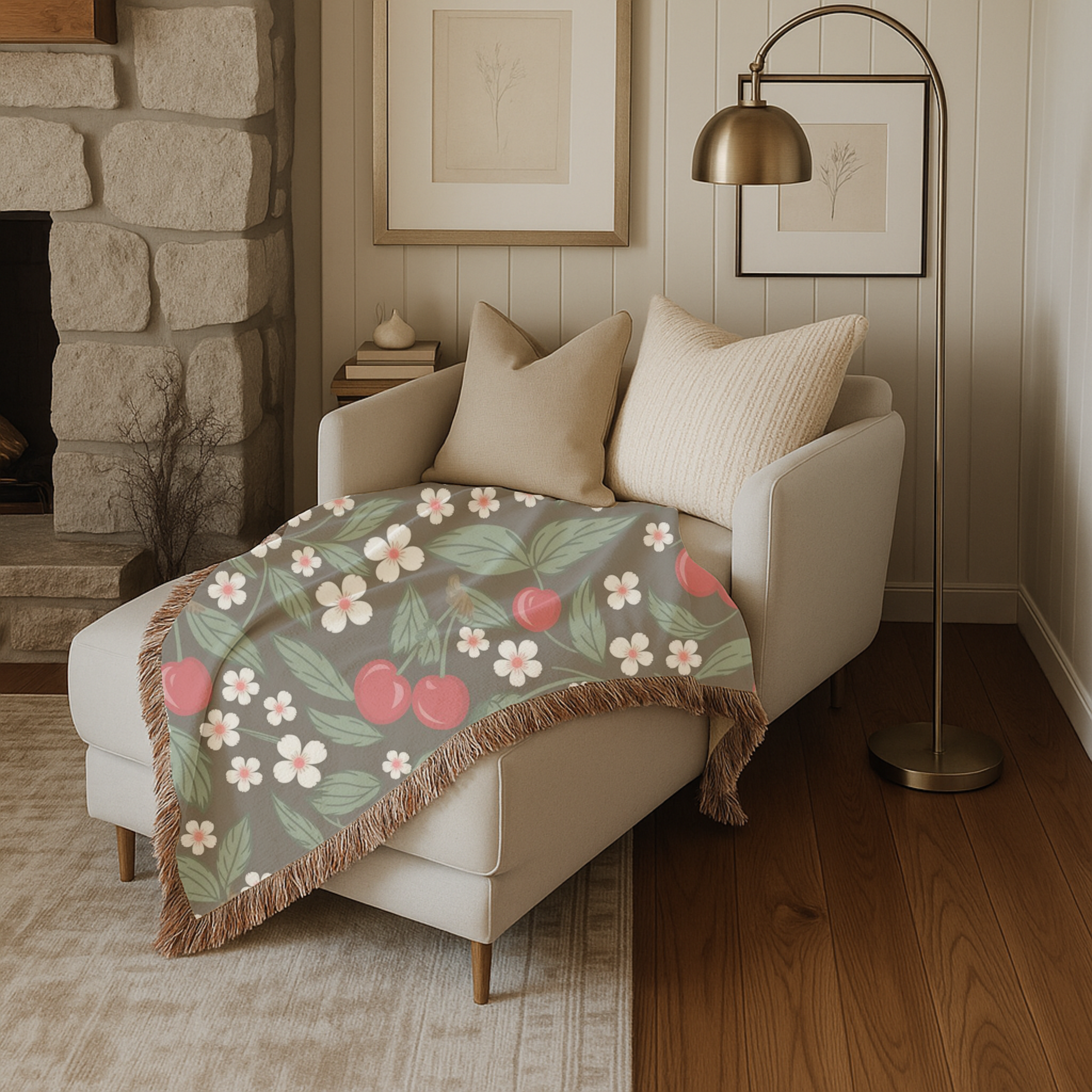 🍒 Cherry Blossom Throw -  1950s Vintage Kitchen Woven Blanket