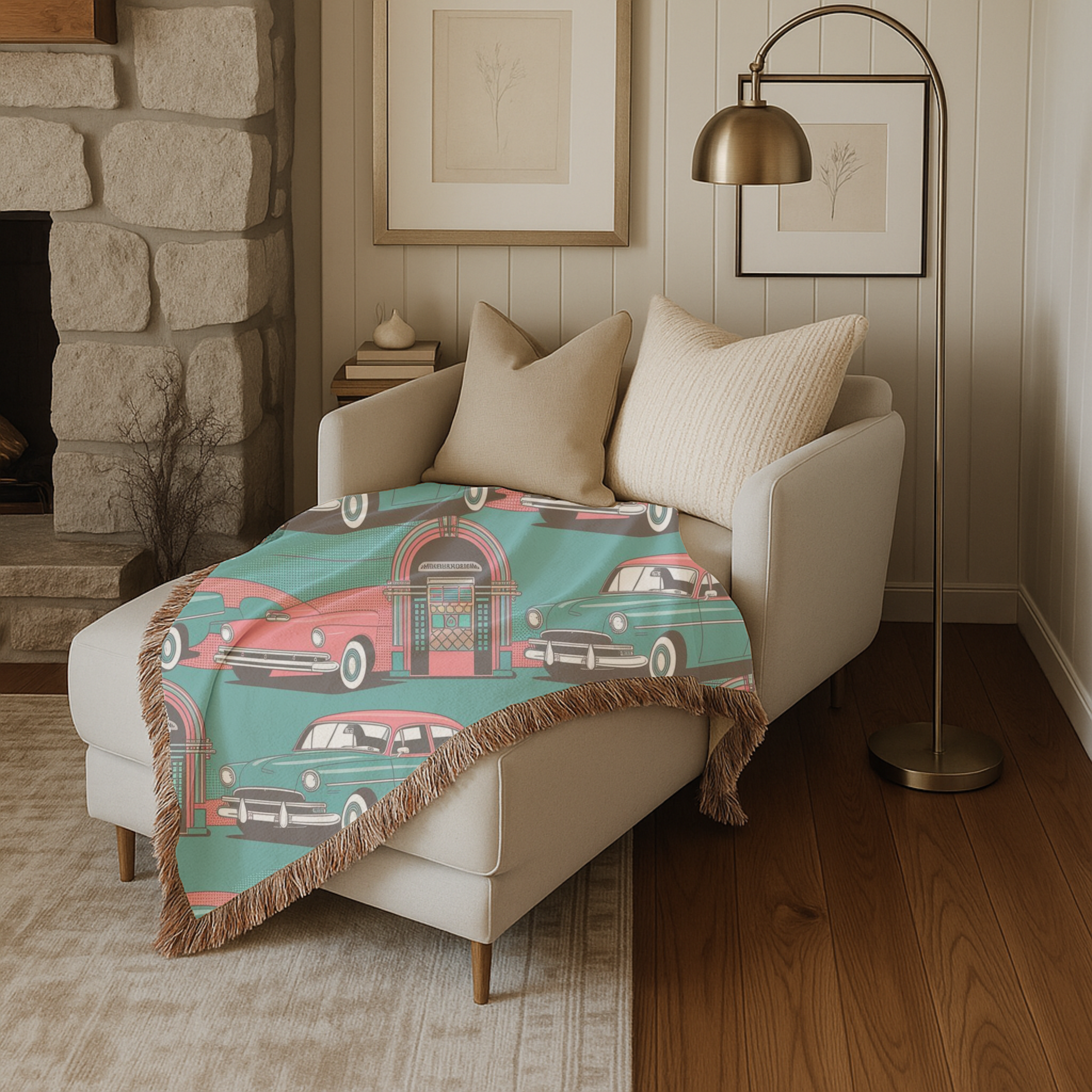 🎵 Rock Around Throw — 1950s Diner Jukebox Woven Blanket