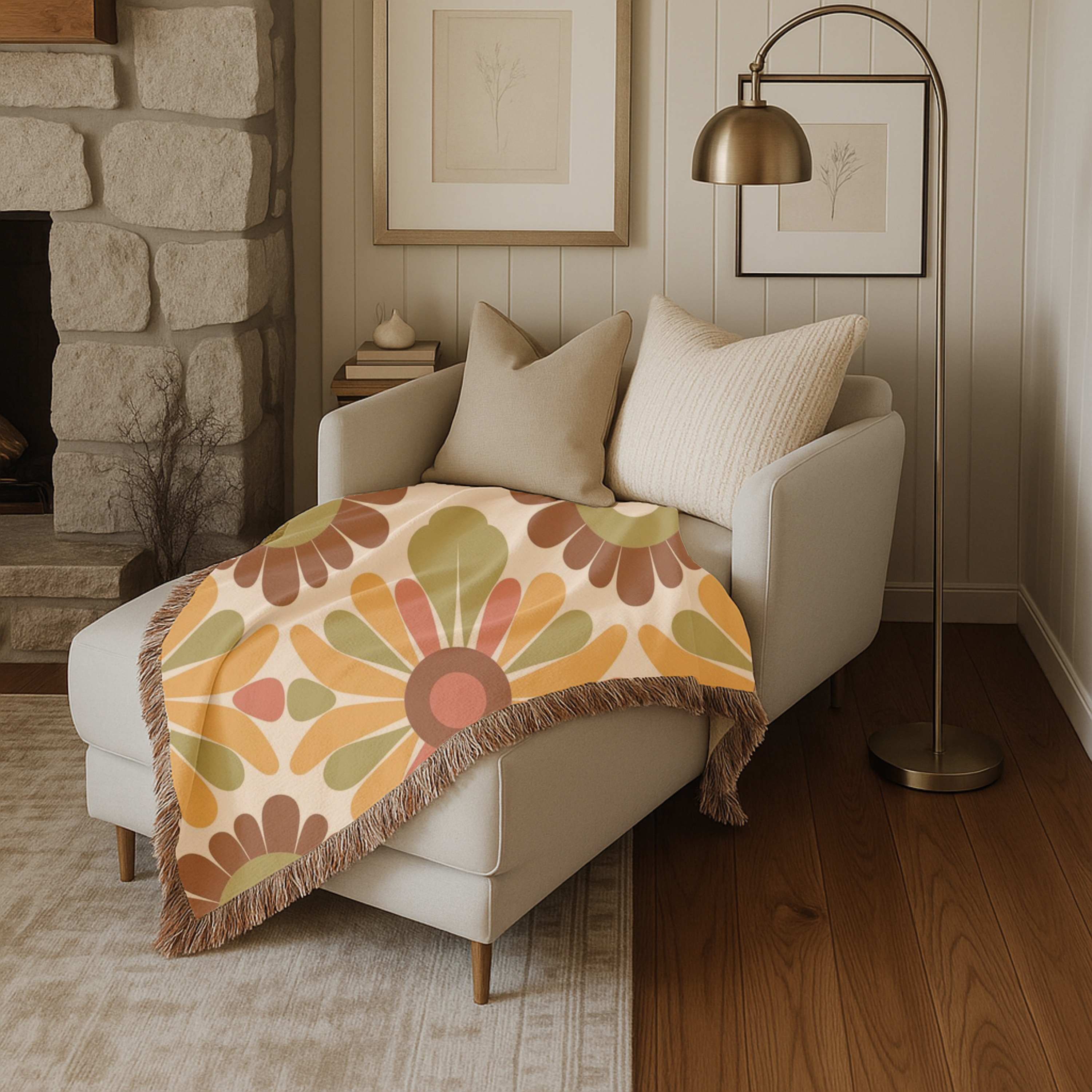 🌼 🌻  Harvest Medallion Throw — 1970s Folk Floral Woven Blanket