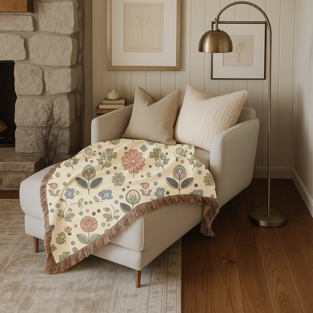 Meadow Ditsy Throw — 1940s Folk Floral Woven Blanket