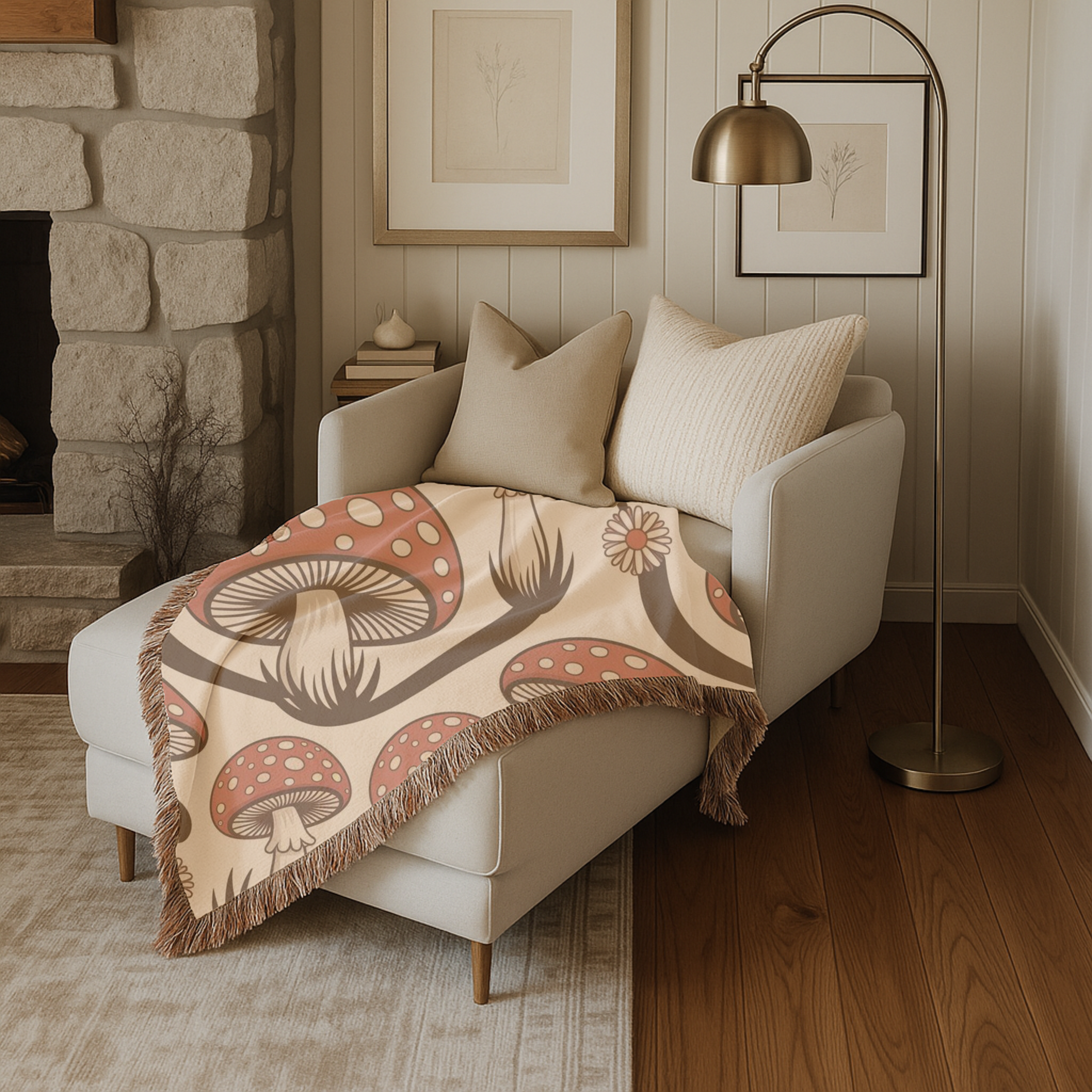 Forest Floor Throw — 1970s Woodland Mushroom Woven Blanket
