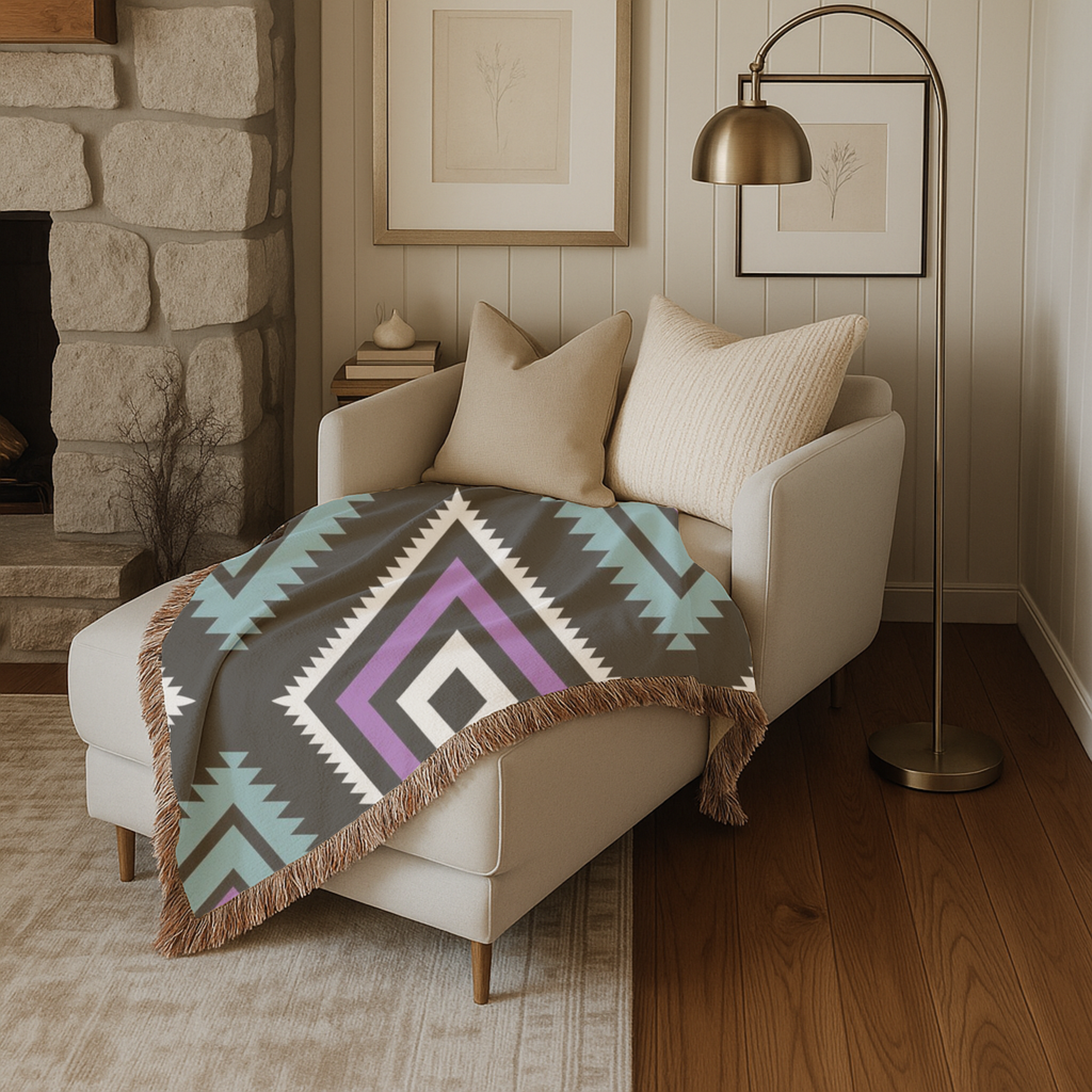 Neon Tribe Throw — 1990s Teal & Purple Geometric Woven Blanket