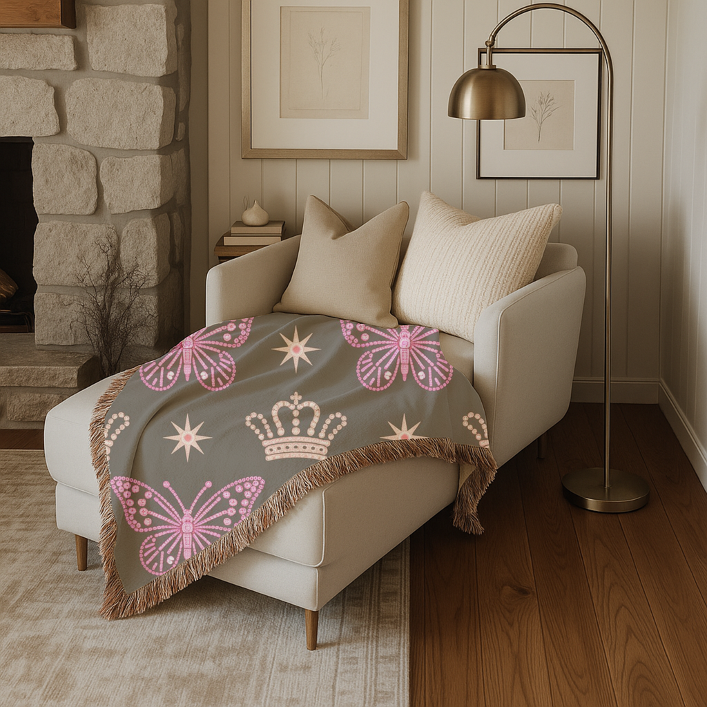 Crown & Wings Throw — 2000s Y2K Butterfly Crown Woven Blanket