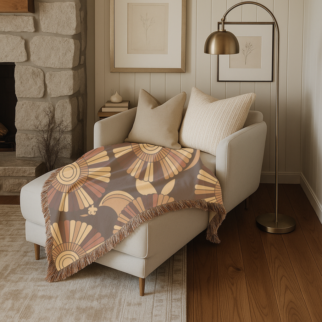 🌻  Tawny Bloom Throw — 1970s Art Nouveau Woven Blanket