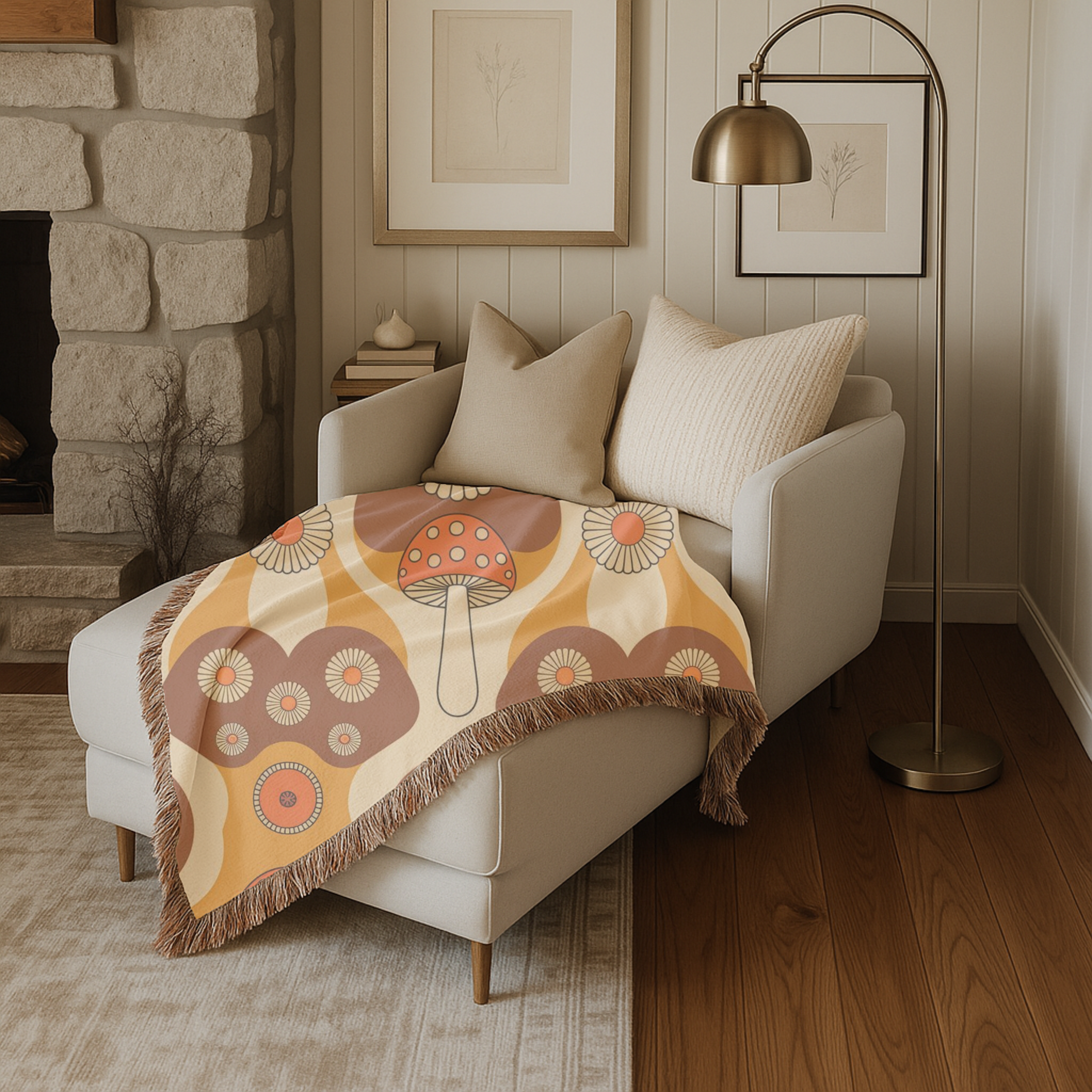 Mushroom Garden Throw — 1970s Retro Fungi Woven Blanket