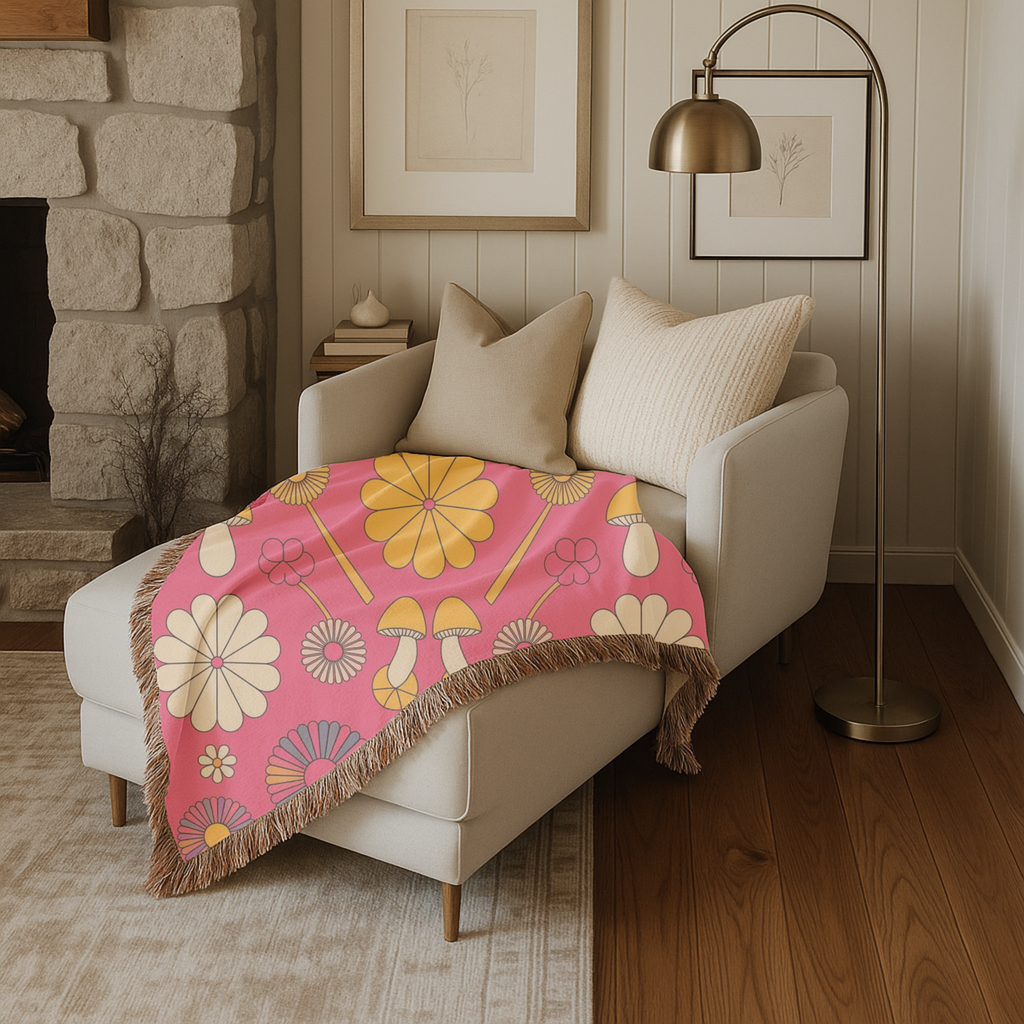 🌸 Groovy Garden Throw — 1960s Rainbow Flower Woven Blanket