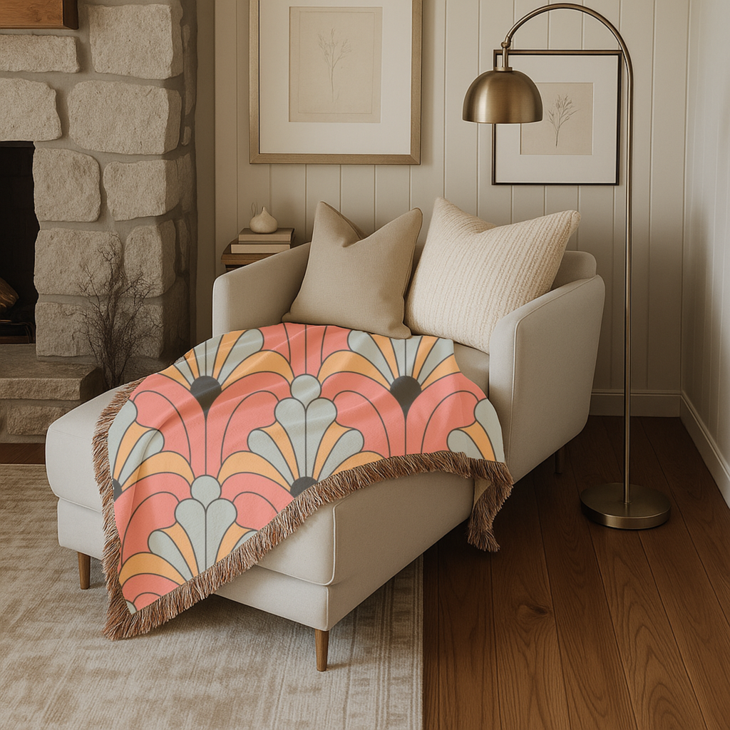 🧡 Groovy Fan Throw — 1960s Mod Scallop Woven Blanket