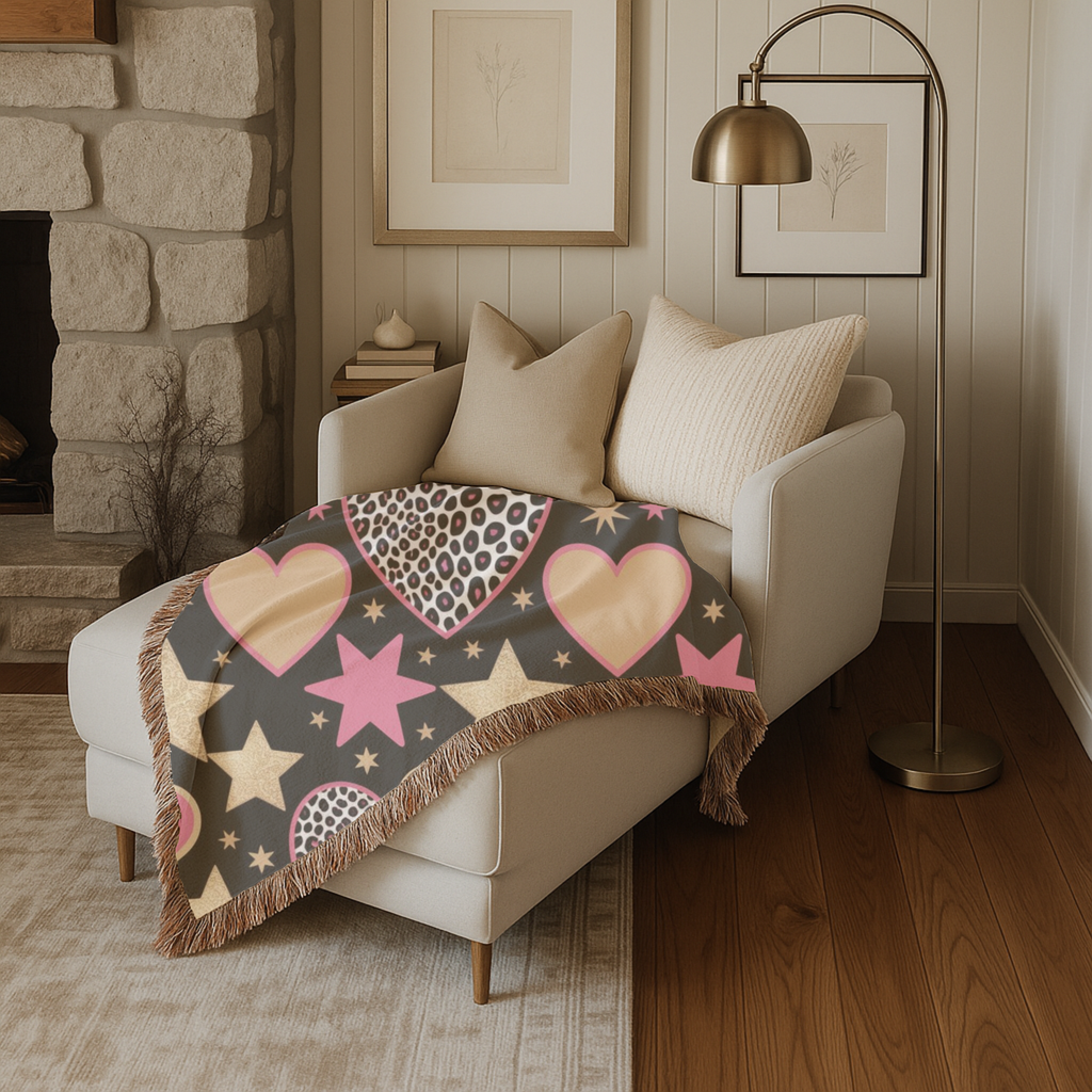 Girl Power Throw — 1990s Leopard Heart & Star Woven Blanket