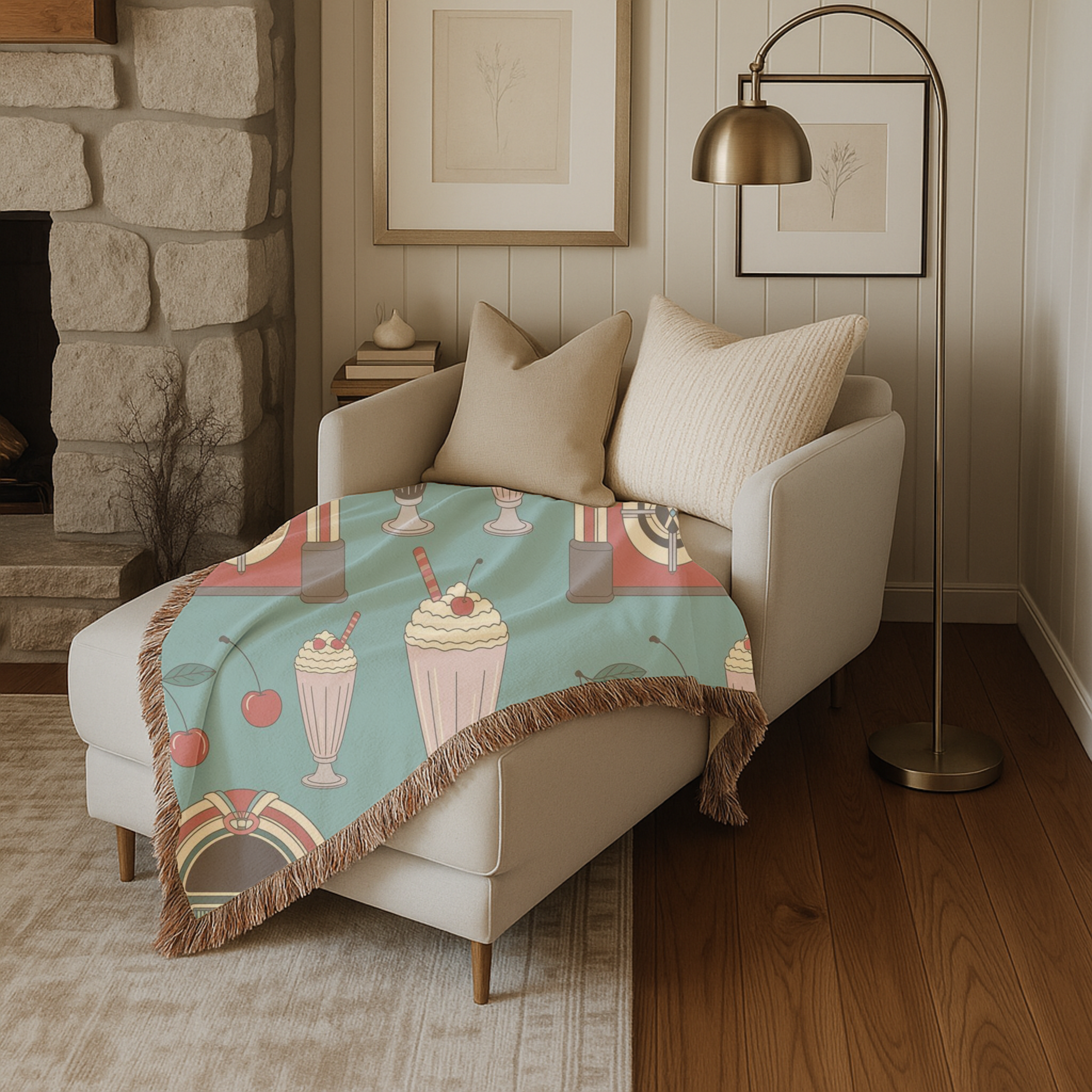 🎵🥤Vanilla Diner Throw — 1950s Jukebox Woven Blanket