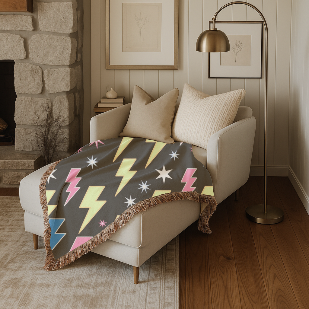 Lightning Strike Throw — 1980s Neon Bolt Woven Blanket