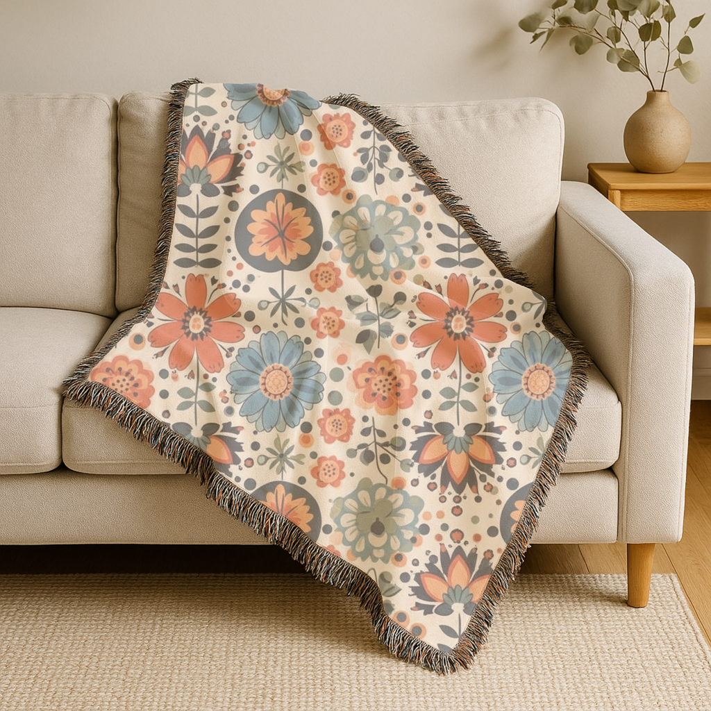 Folk Floral Throw — 1940s Botanical Garden Woven Blanket