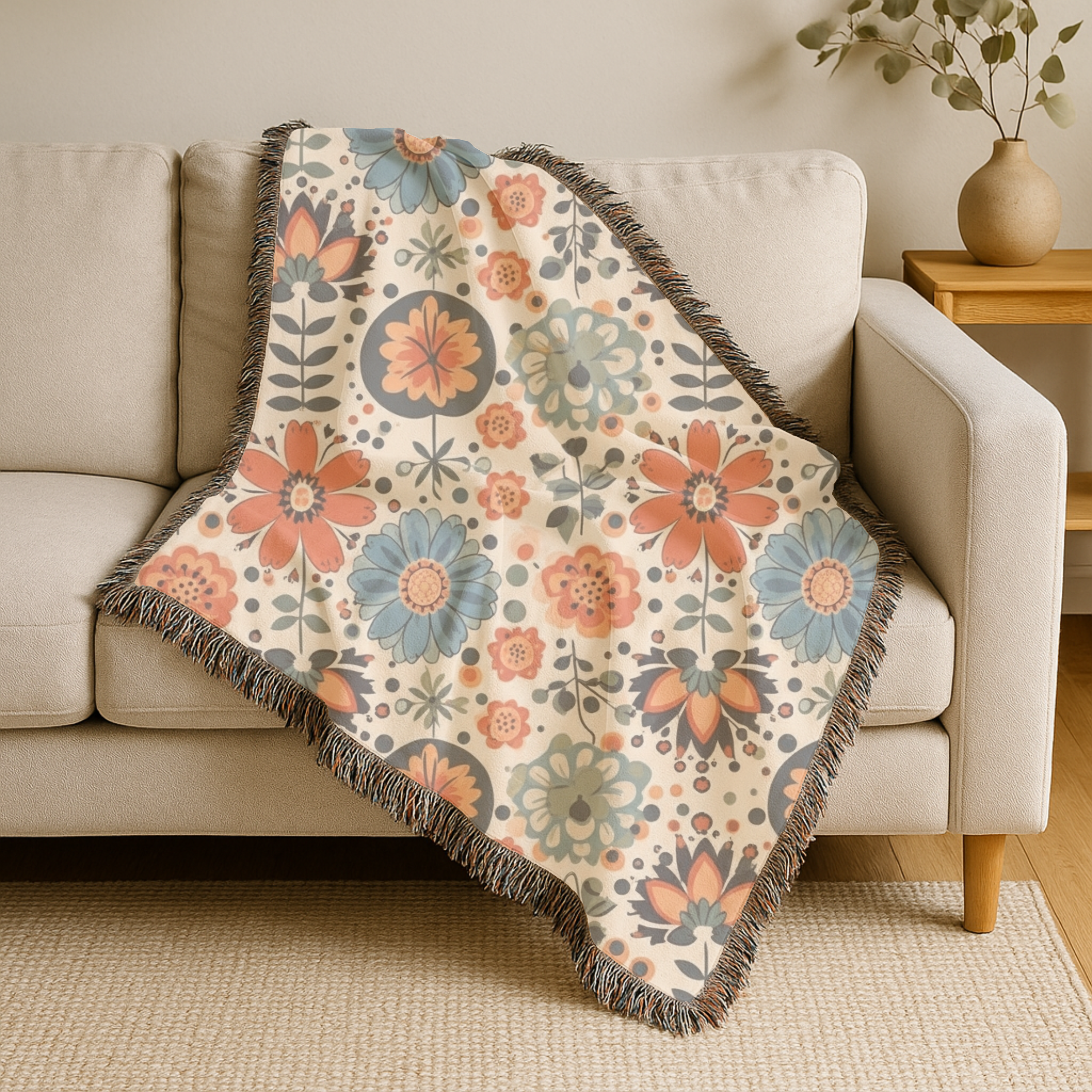 Folk Floral Throw — 1940s Botanical Garden Woven Blanket