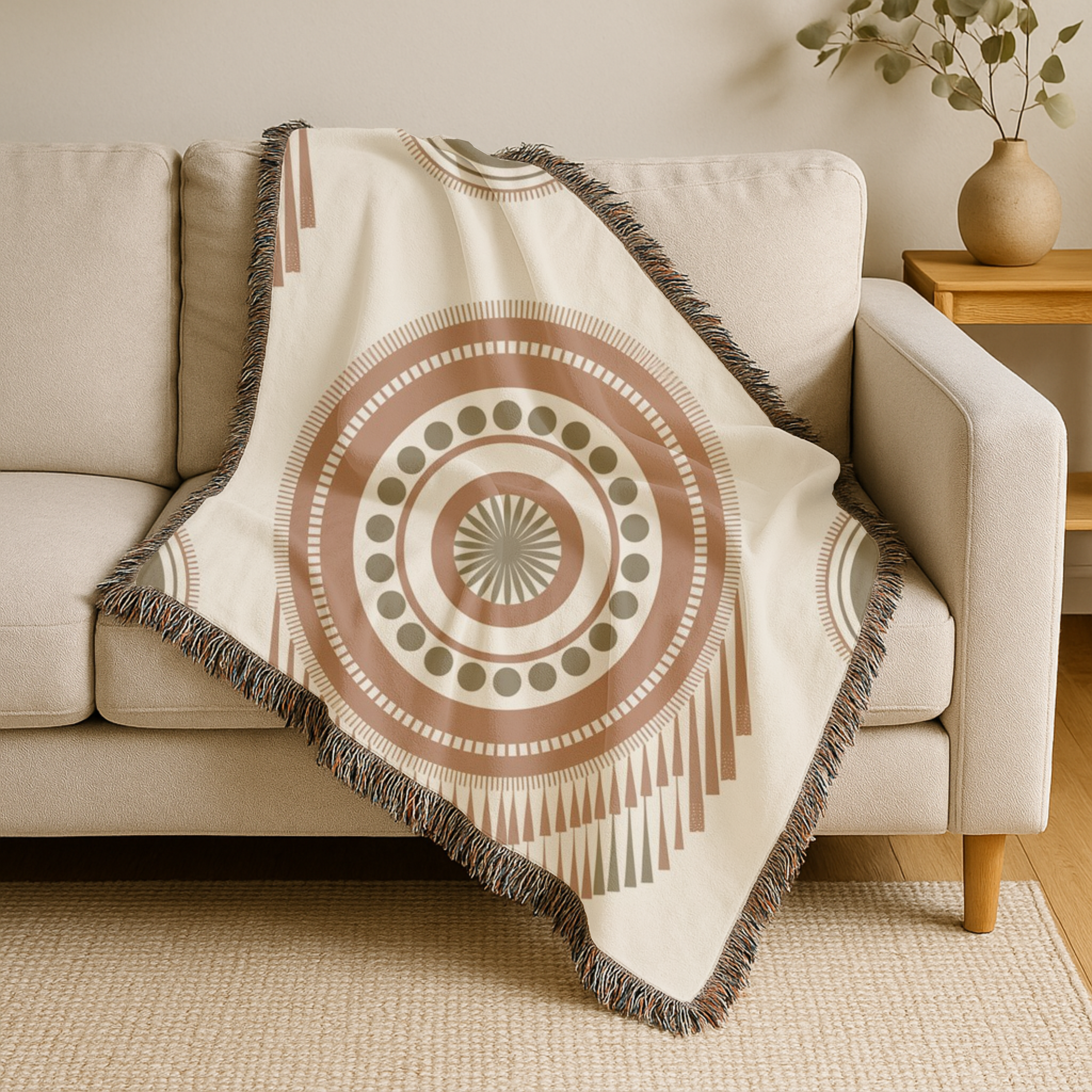 Sage Dreamcatcher Throw — 1970s Bohemian Olive Woven Blanket