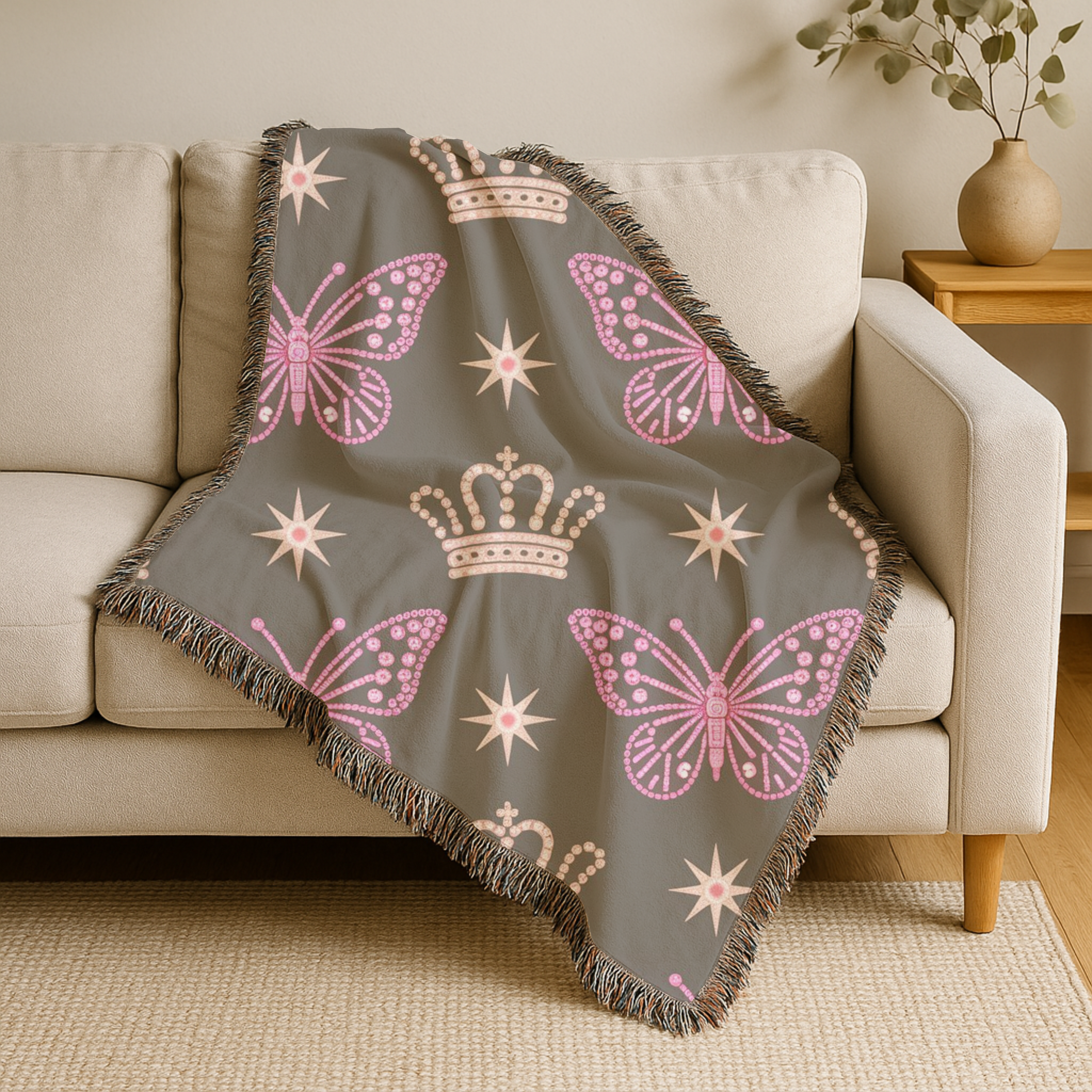 Crown & Wings Throw — 2000s Y2K Butterfly Crown Woven Blanket