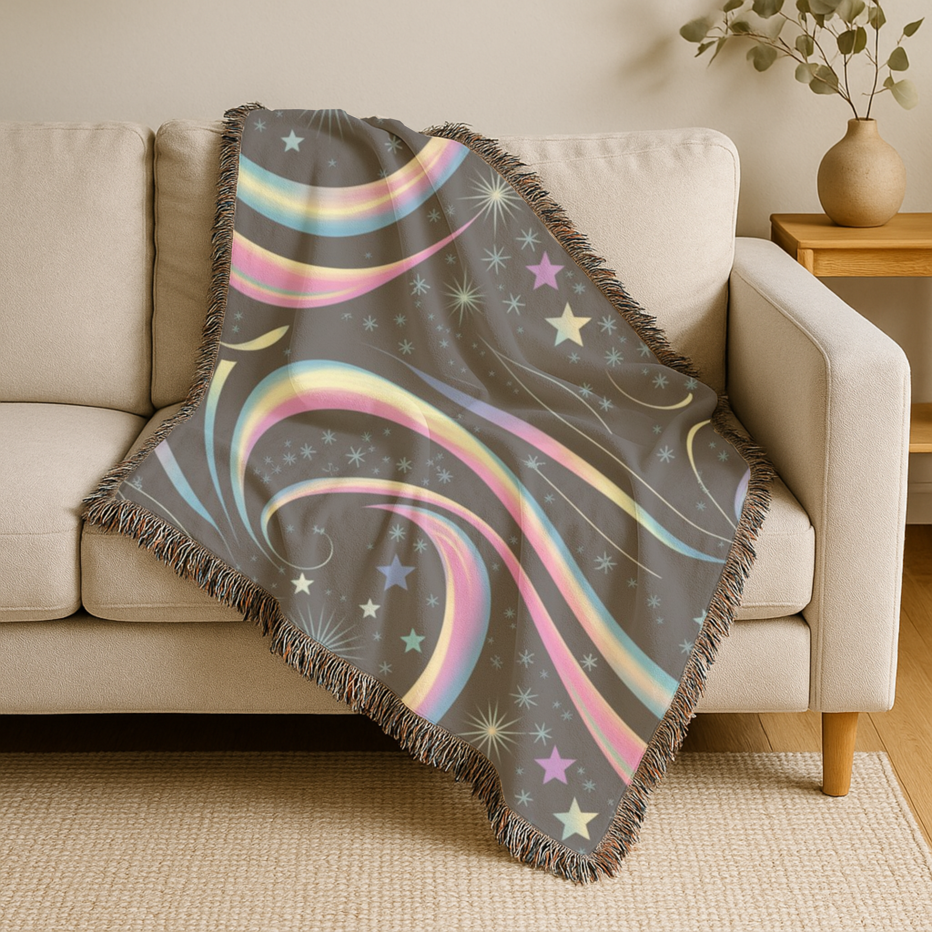 Stardust Throw — 2000s Y2K Rainbow Star Swirl Woven Blanket