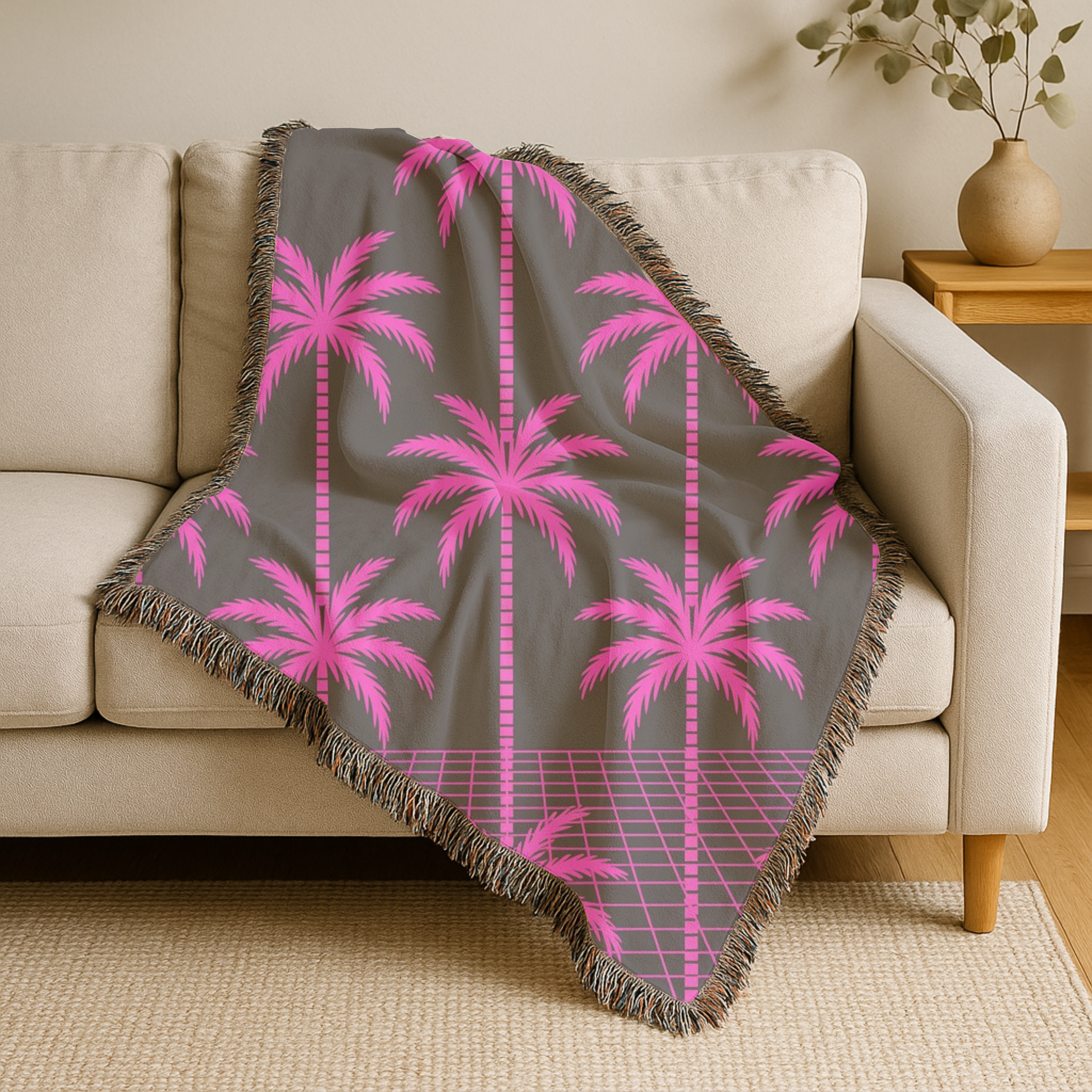 Neon Palm Throw — 1980s Tropical Night Woven Blanket