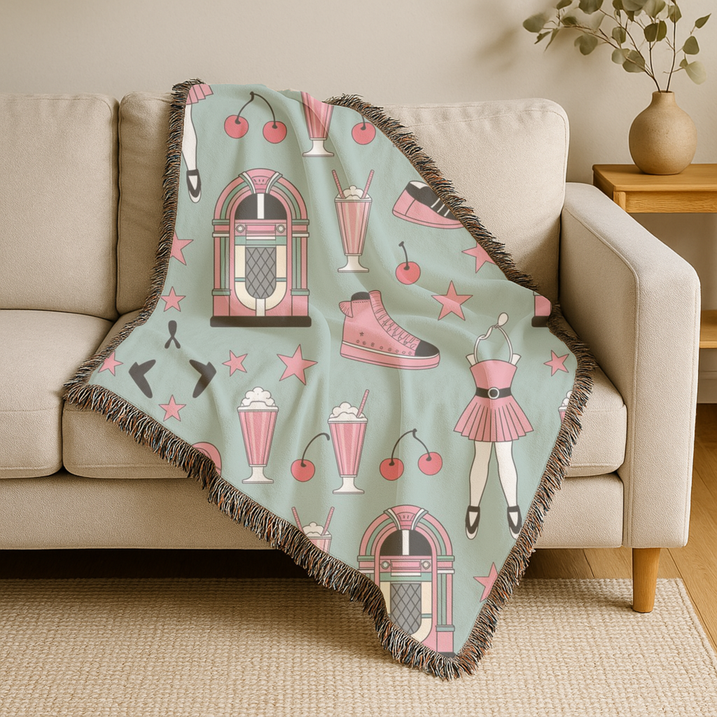 🎵🥤Milkshake Throw — 1950s Diner Style Woven Blanket