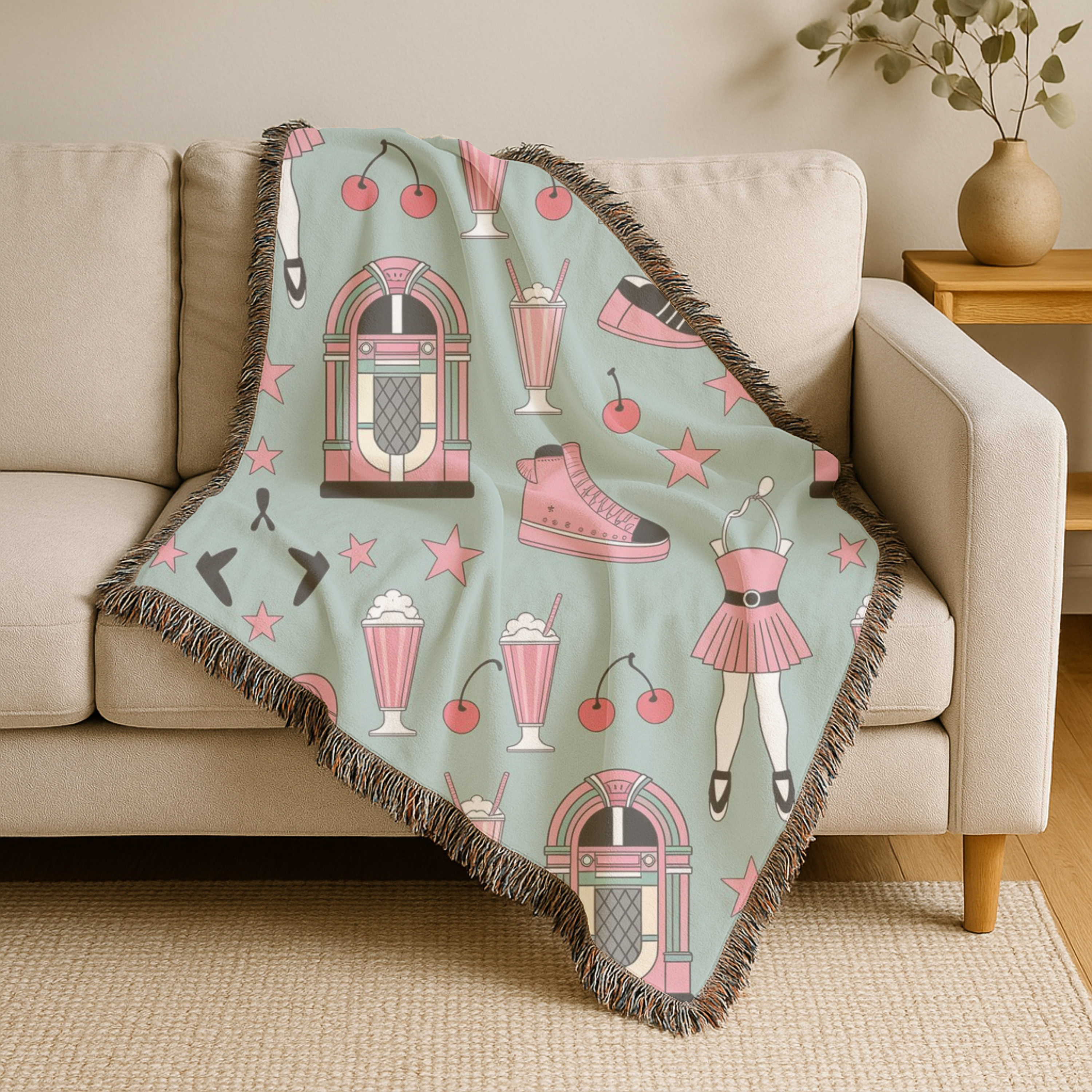 🎵🥤Milkshake Throw — 1950s Diner Style Woven Blanket