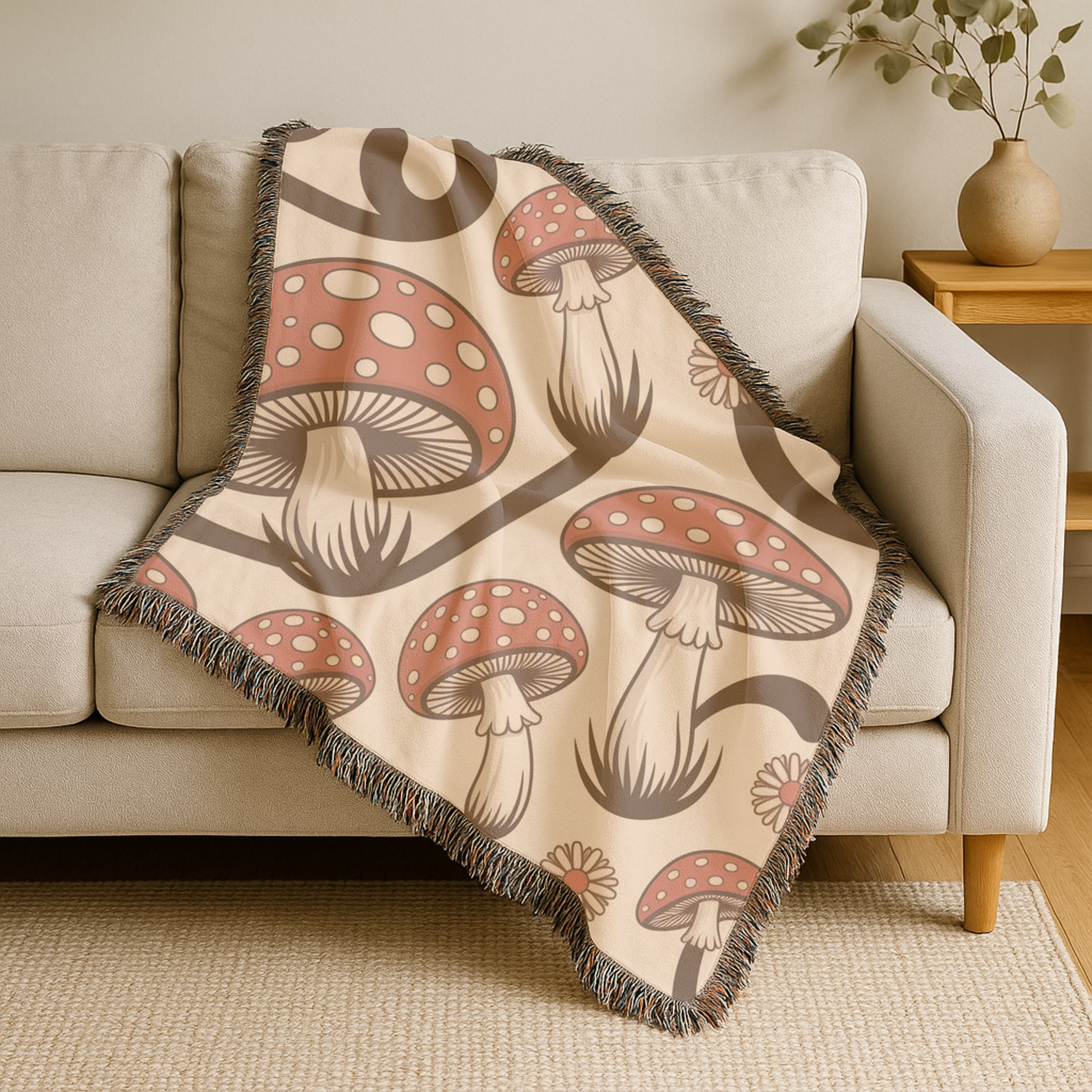 Forest Floor Throw — 1970s Woodland Mushroom Woven Blanket