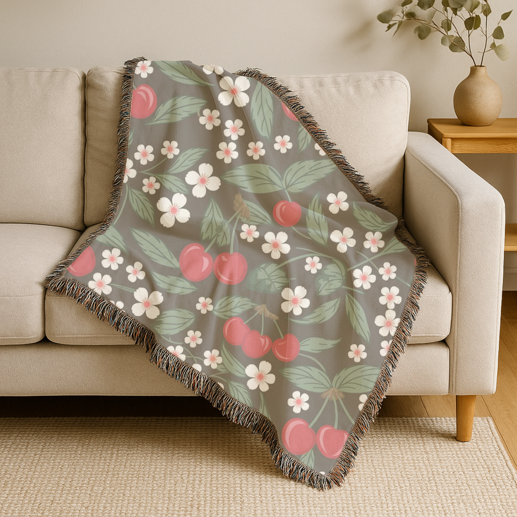 🍒 Cherry Blossom Throw -  1950s Vintage Kitchen Woven Blanket