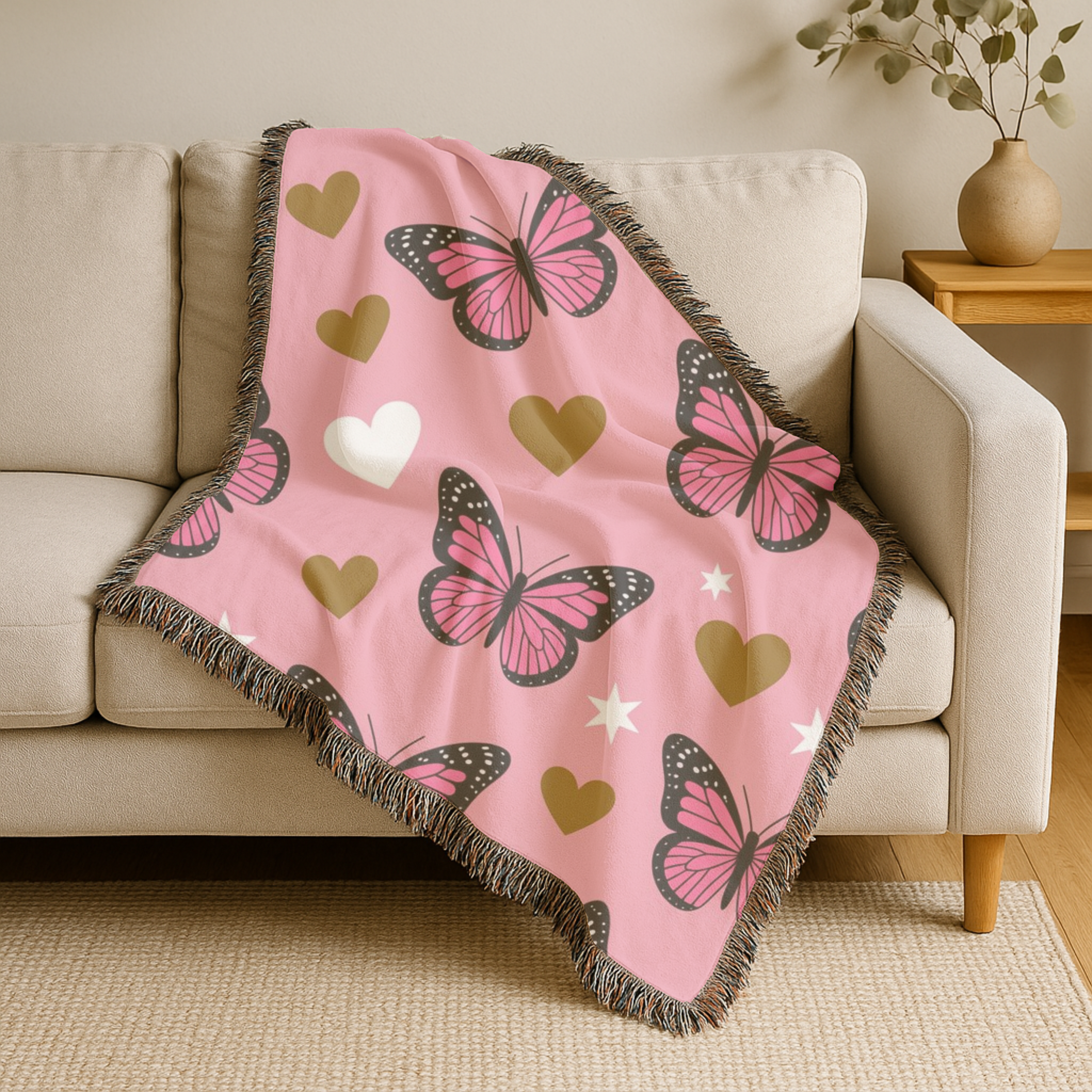 Butterfly Kiss Throw — 2000s Pink Butterfly & Heart Woven Blanket