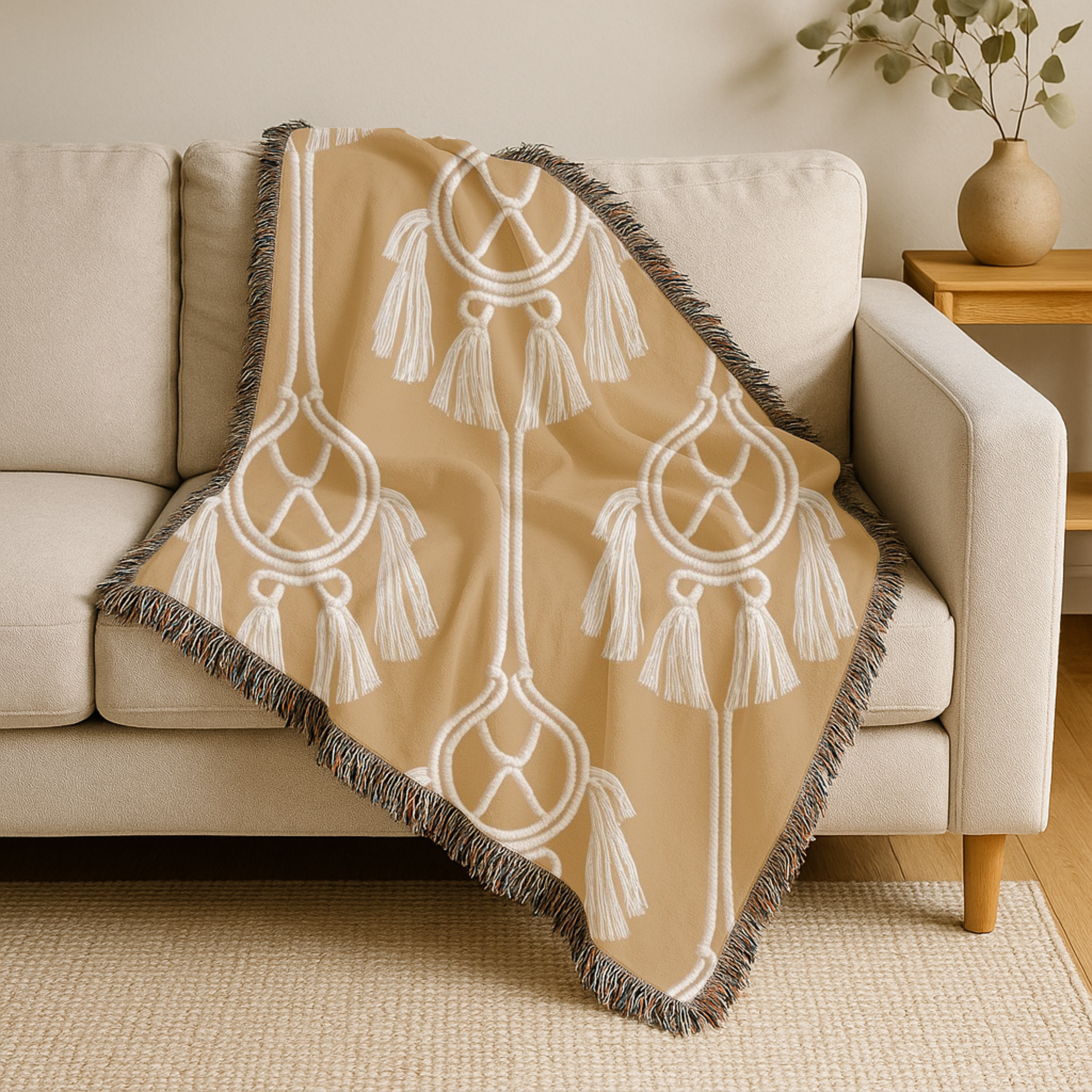 Macramé Tassel Throw — 1970s Bohemian Circle Woven Blanket