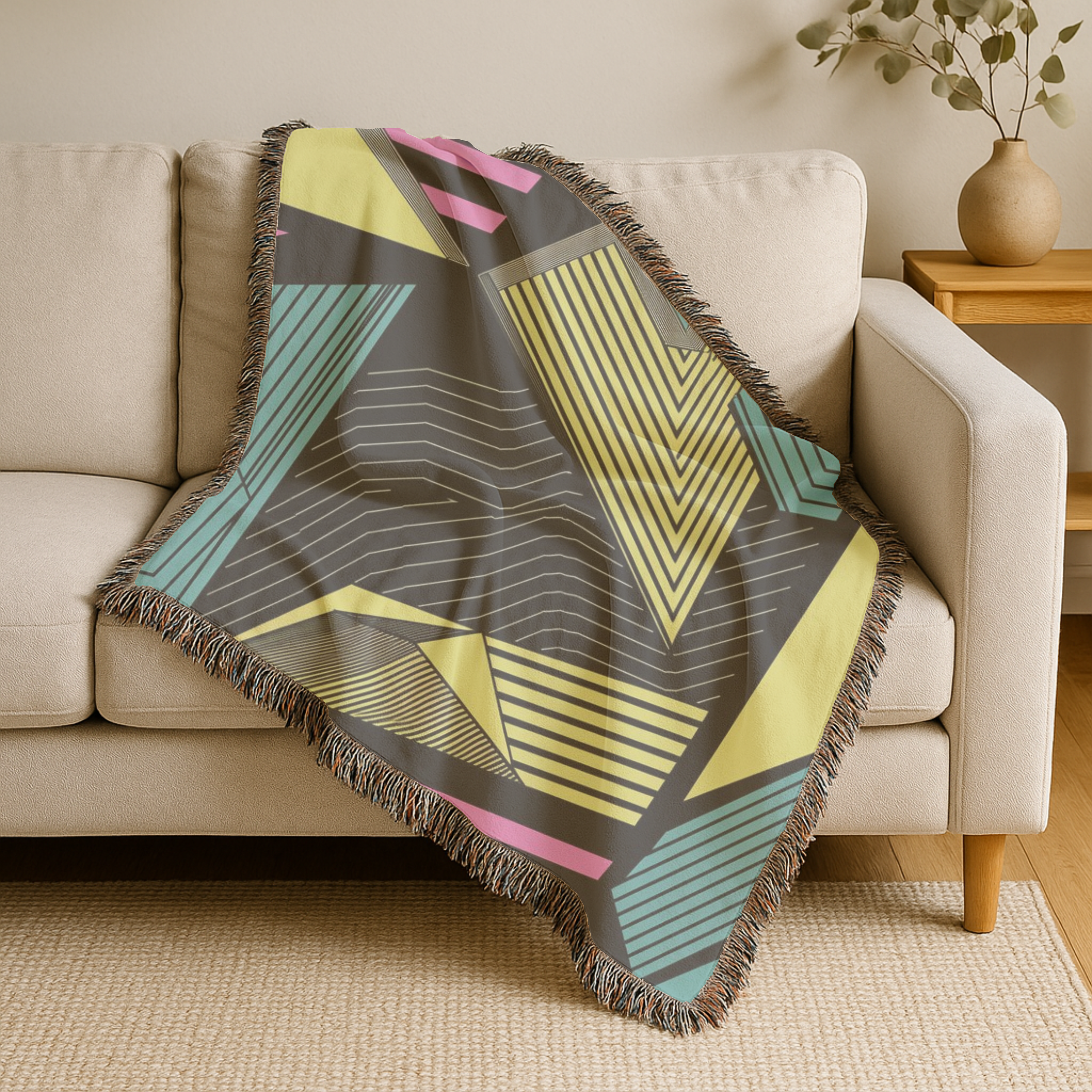 Electric Triangle Throw — 1980s Bold Stripe Geometric Woven Blanket