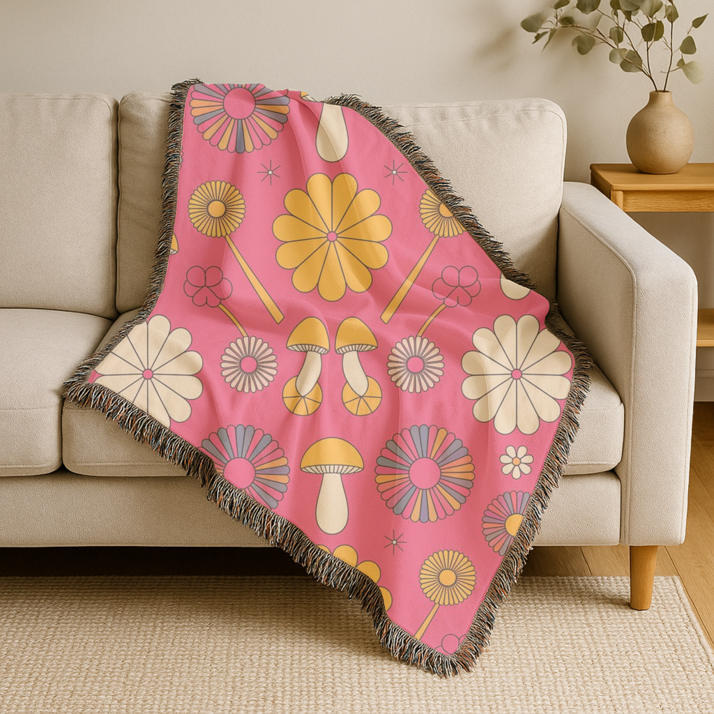 🌸 Groovy Garden Throw — 1960s Rainbow Flower Woven Blanket