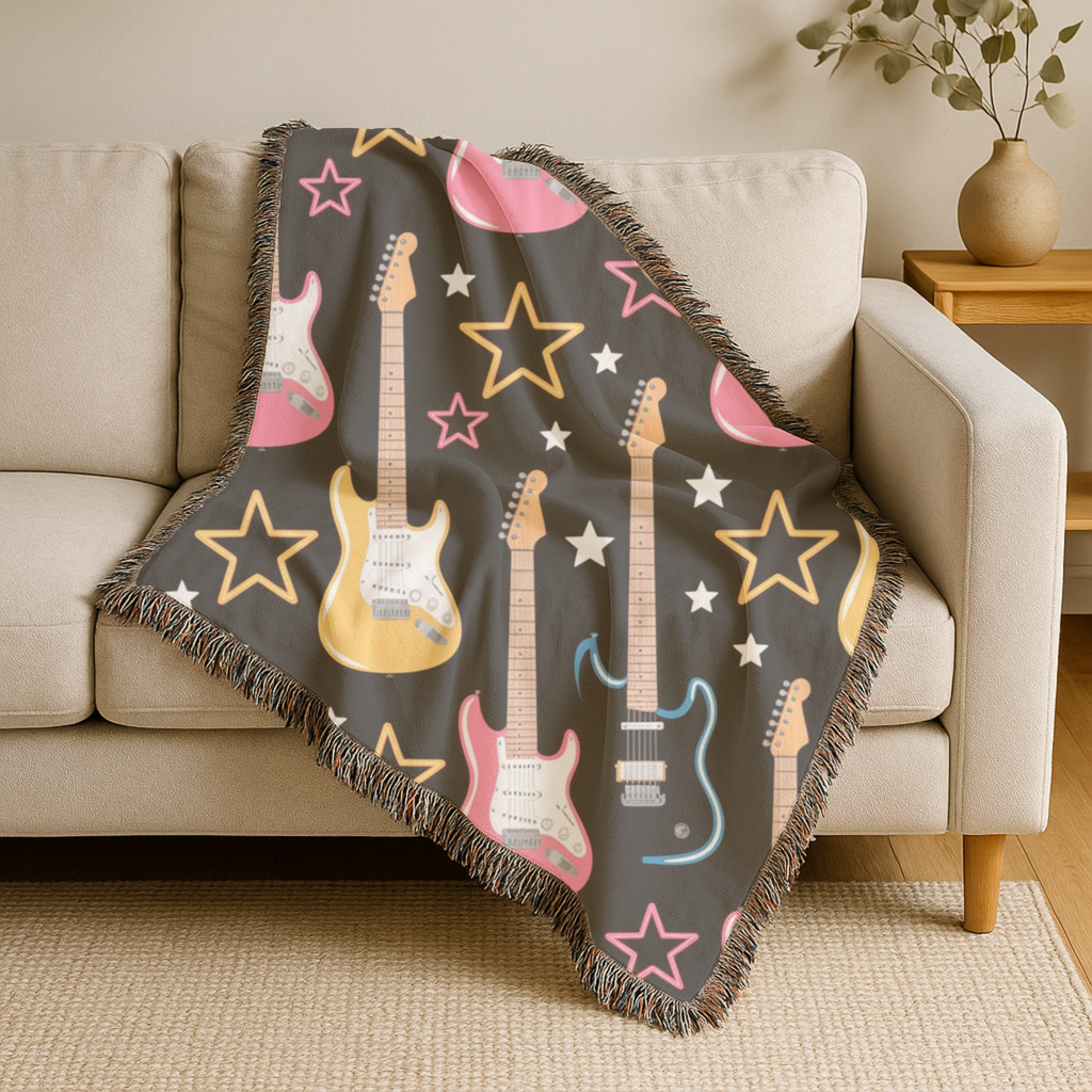 Woven Electric Guitar Throw Blanket | Pink Yellow Blue Black Stars, 1980s Rock Décor