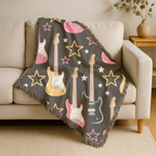 Woven Electric Guitar Throw Blanket | Pink Yellow Blue Black Stars, 1980s Rock Décor