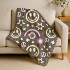 Happy Daze Throw — 1990s Smiley Face & Peace Woven Blanket