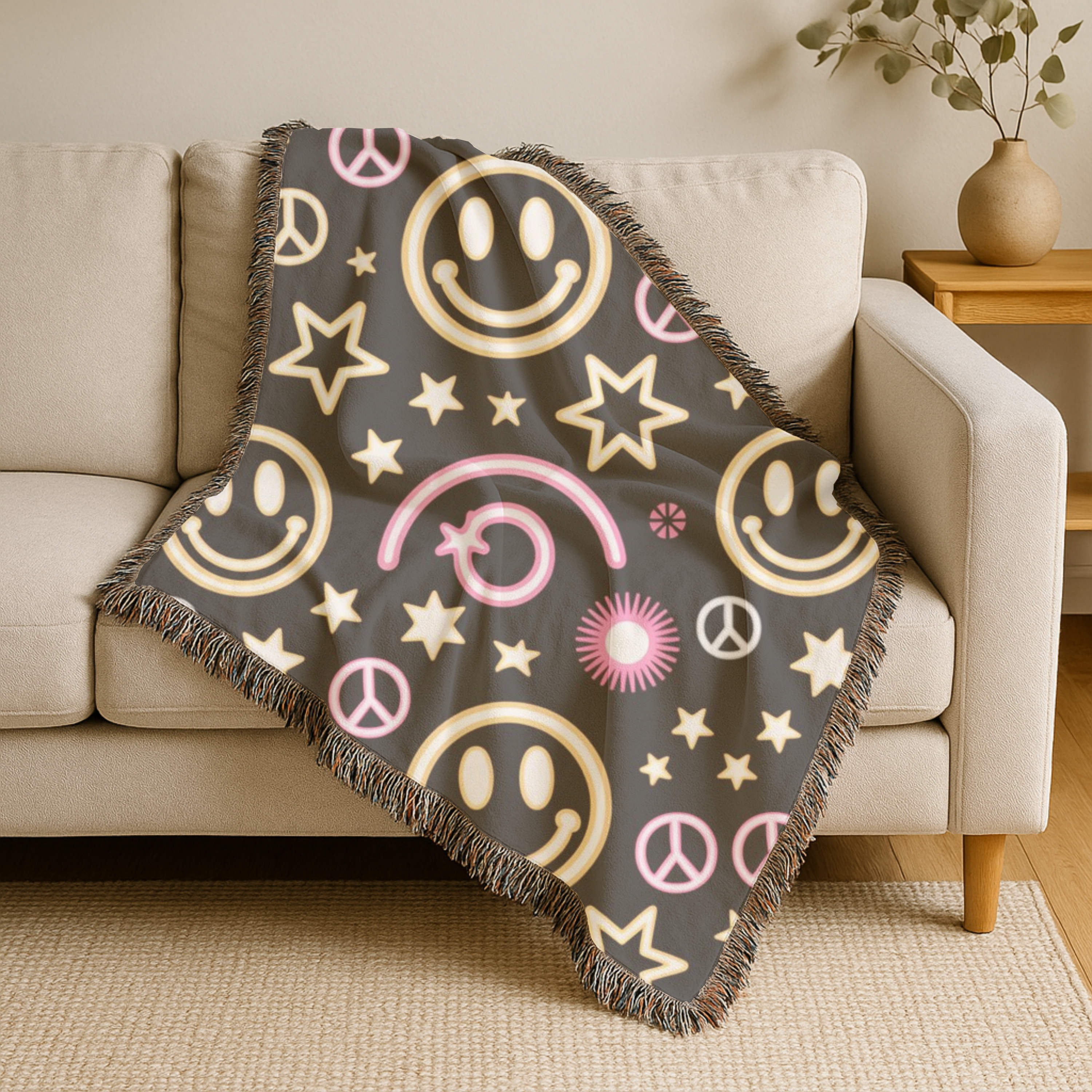 Happy Daze Throw — 1990s Smiley Face & Peace Woven Blanket