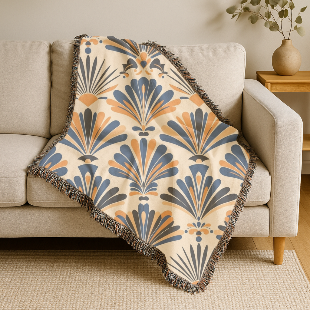 1940s Art Deco Fan Woven Blanket - 1940s Palmette Woven Blanket