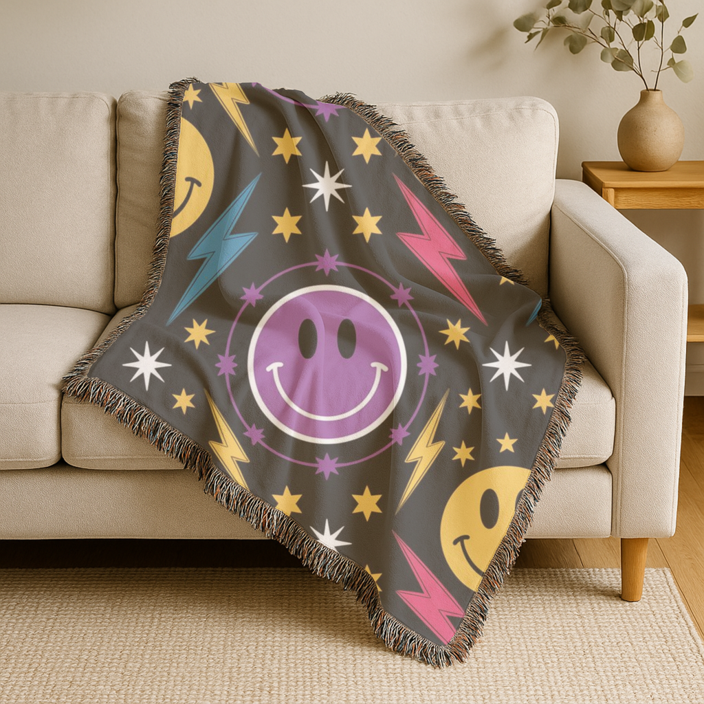 Bolts & Smiles Throw — 1990s Smiley & Lightning Woven Blanket