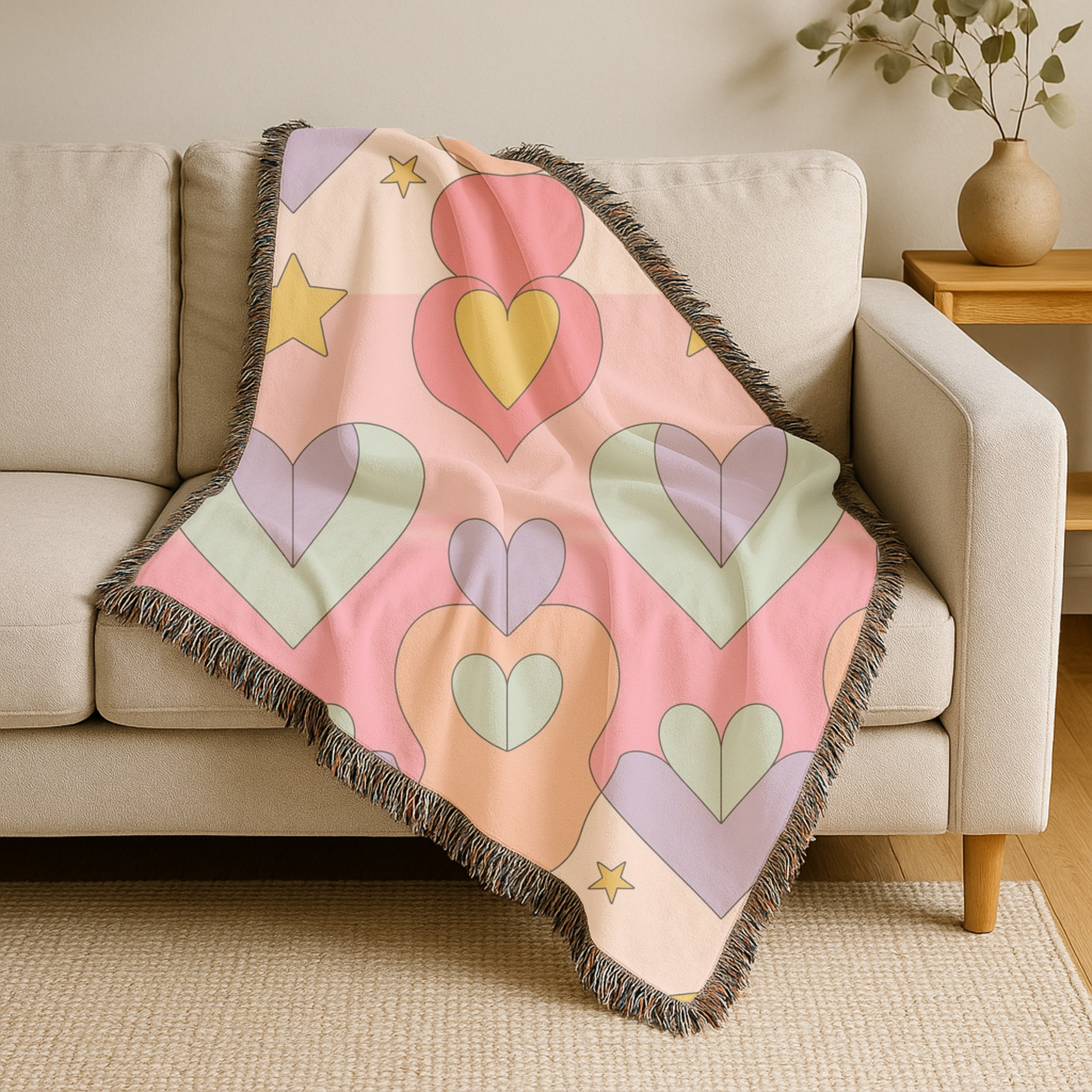 Layered Heart Throw — 1980s Rainbow Love Woven Blanket