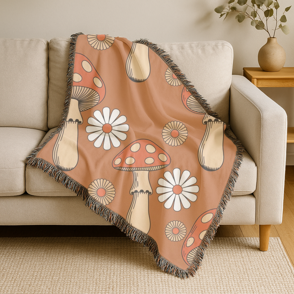 Groovy Mushroom Throw — 1970s Toadstool Daisy Woven Blanket