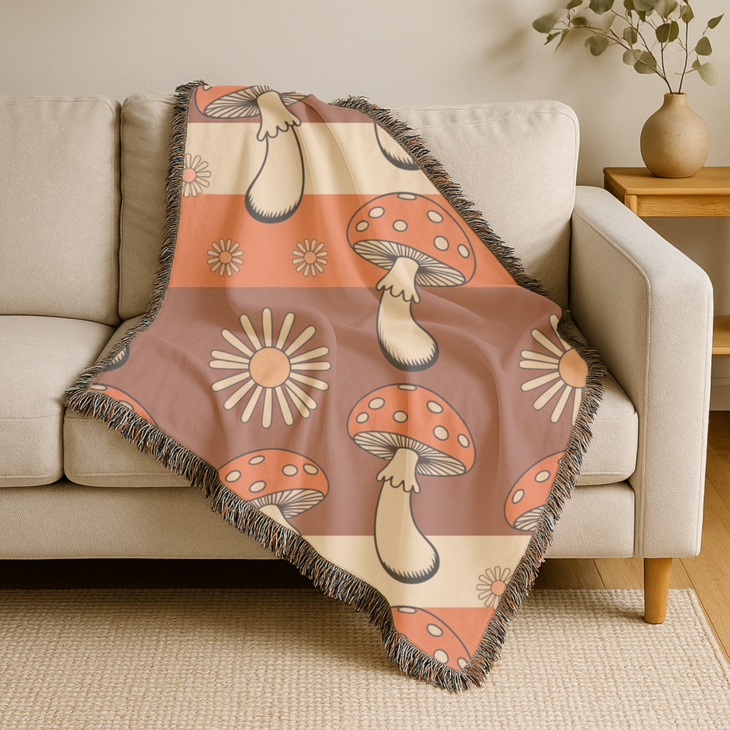 Stripe Shroom Throw — 1970s Retro Stripe Woven Blanket
